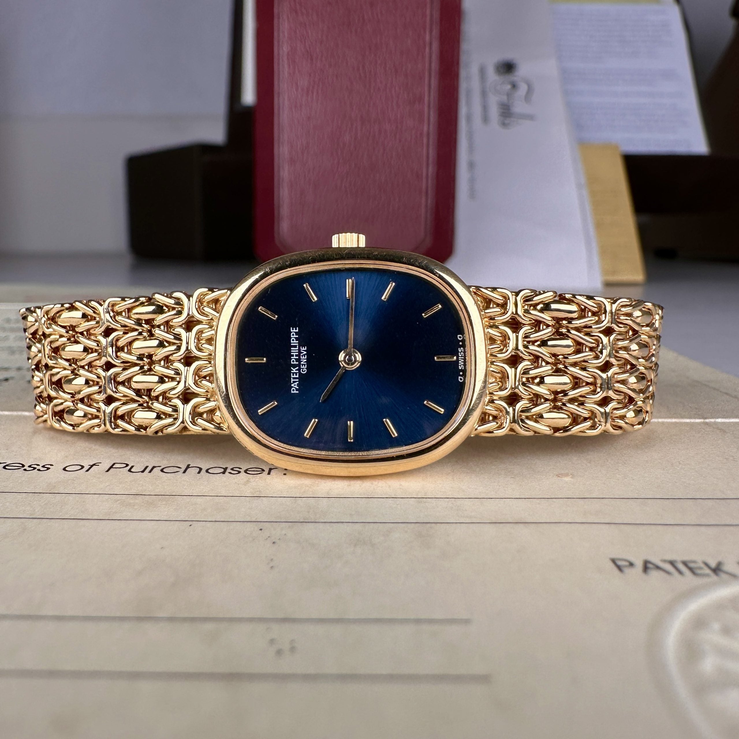 1997 Patek Philippe Ladies Ref 4764\001 Golden Ellipse 18k Gold Factory Blue Dial with Box and Papers