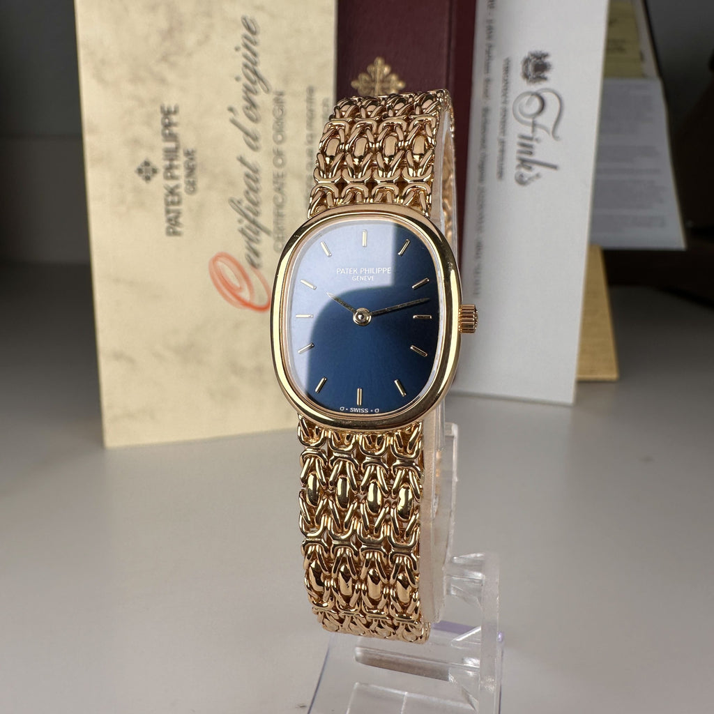 1997 Patek Philippe Ladies Ref 4764\001 Golden Ellipse 18k Gold Factory Blue Dial with Box and Papers