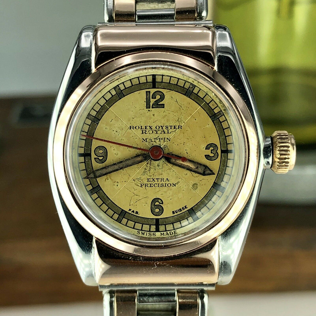 1930 Vintage Rolex 2319 Hooded Bubble Back Rose Gold & Steel Retailed By Mappin