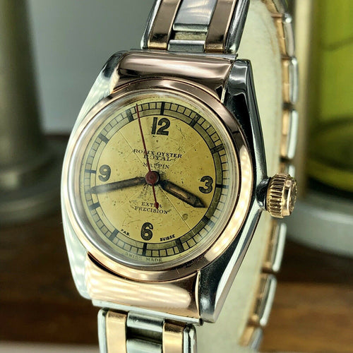 1930 Vintage Rolex 2319 Hooded Bubble Back Rose Gold & Steel Retailed By Mappin