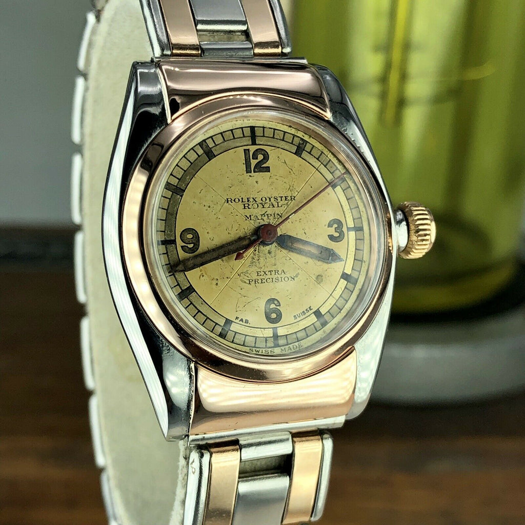 1930 Vintage Rolex 2319 Hooded Bubble Back Rose Gold & Steel Retailed By Mappin