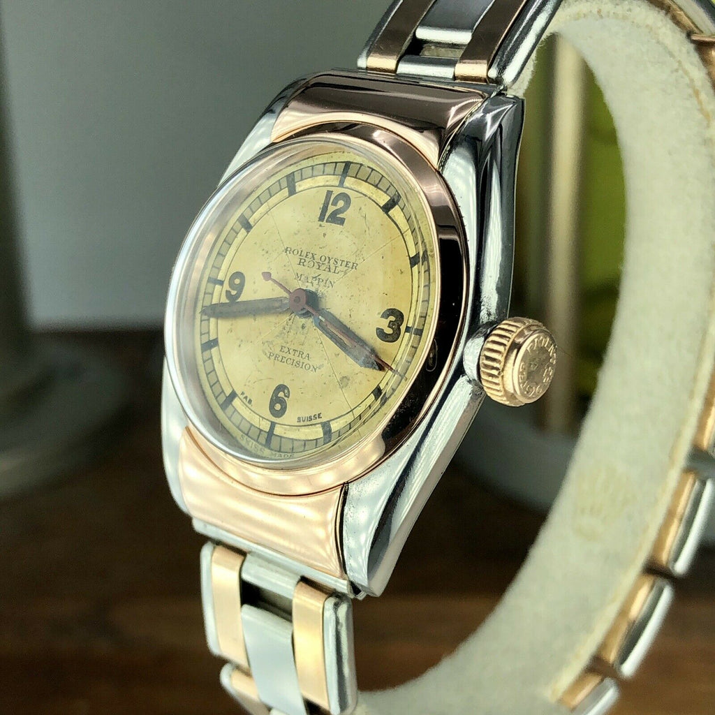 1930 Vintage Rolex 2319 Hooded Bubble Back Rose Gold & Steel Retailed By Mappin