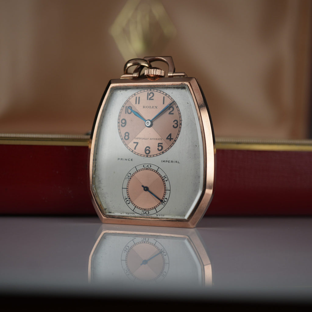 1938 Rolex 1645 Prince Imperial Doctor’s Rose Gold and Steel Pendant Watch Three Tone Dial “Especially Accurate” with Box and Chain