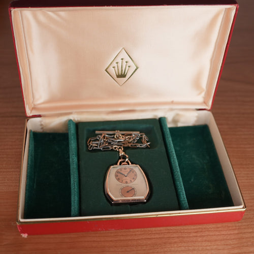 1938 Rolex 1645 Prince Imperial Doctor’s Rose Gold and Steel Pendant Watch Three Tone Dial “Especially Accurate” with Box and Chain