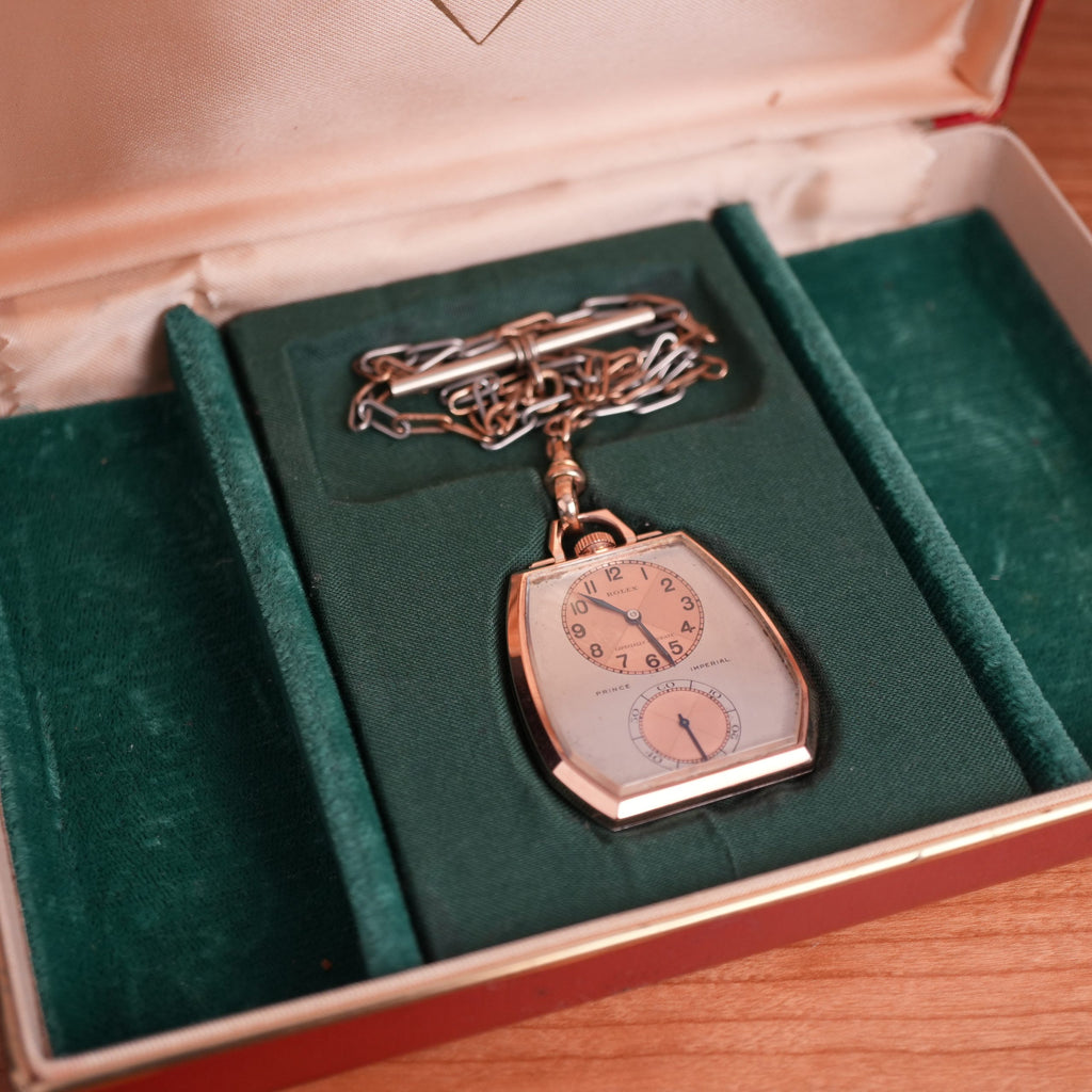 1938 Rolex 1645 Prince Imperial Doctor’s Rose Gold and Steel Pendant Watch Three Tone Dial “Especially Accurate” with Box and Chain