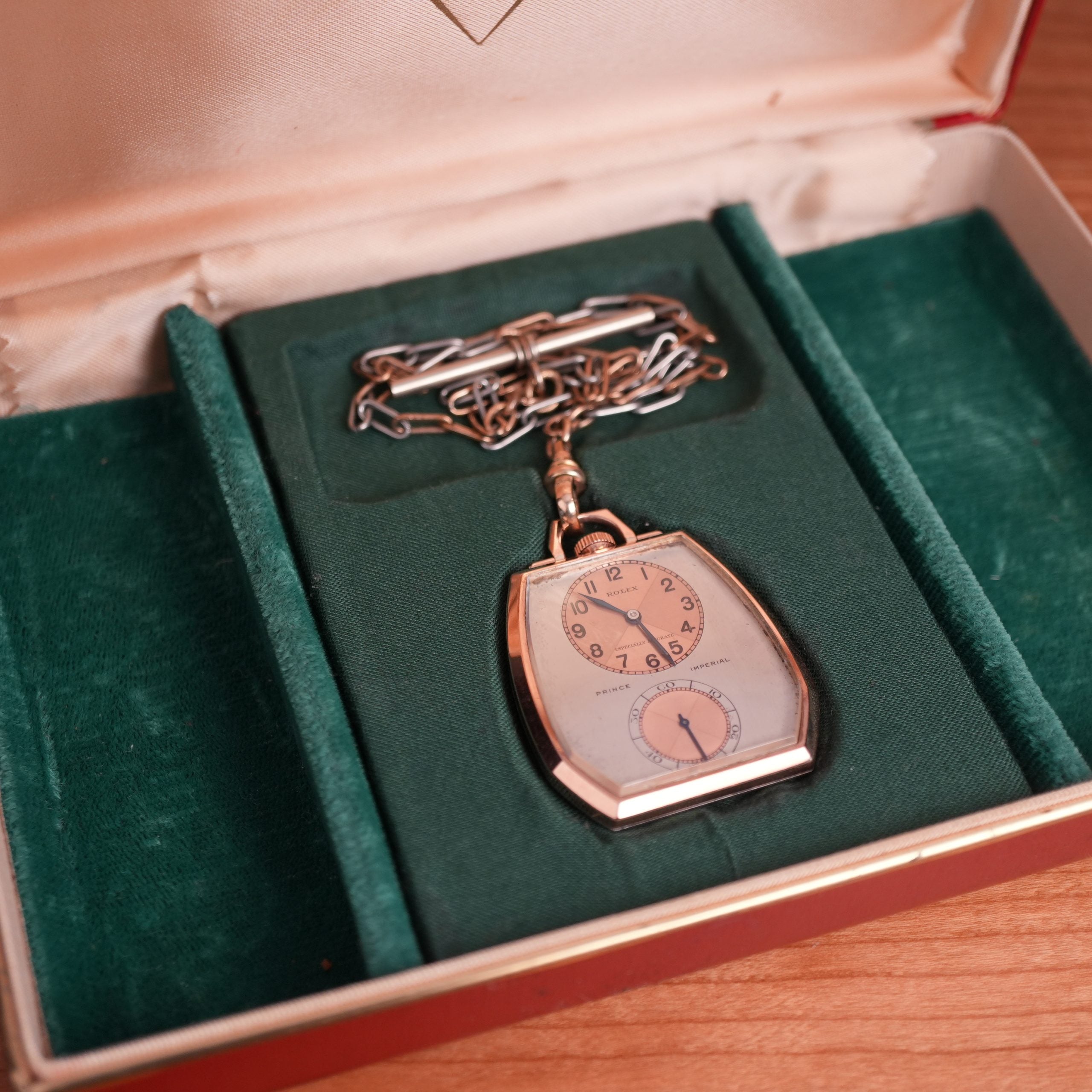 1938 Rolex 1645 Prince Imperial Doctor’s Rose Gold and Steel Pendant Watch Three Tone Dial “Especially Accurate” with Box and Chain