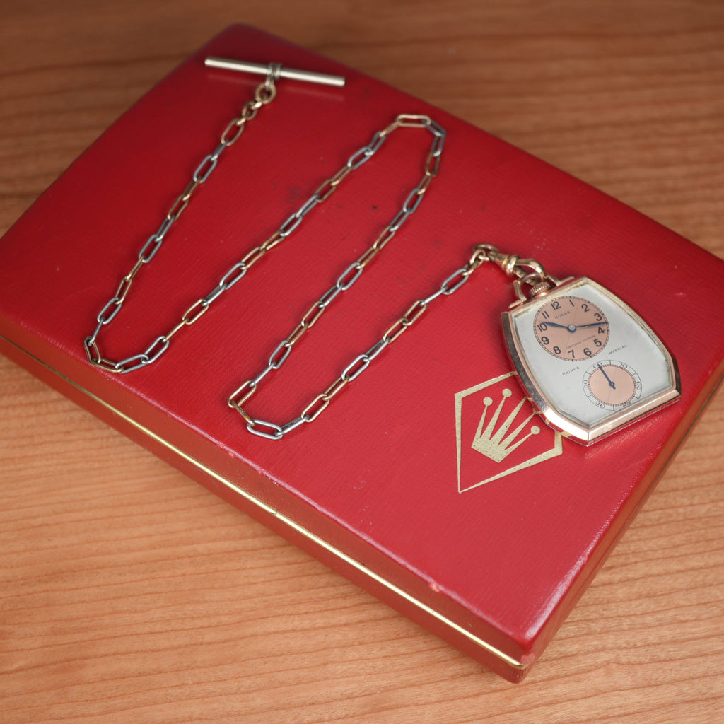 1938 Rolex 1645 Prince Imperial Doctor’s Rose Gold and Steel Pendant Watch Three Tone Dial “Especially Accurate” with Box and Chain