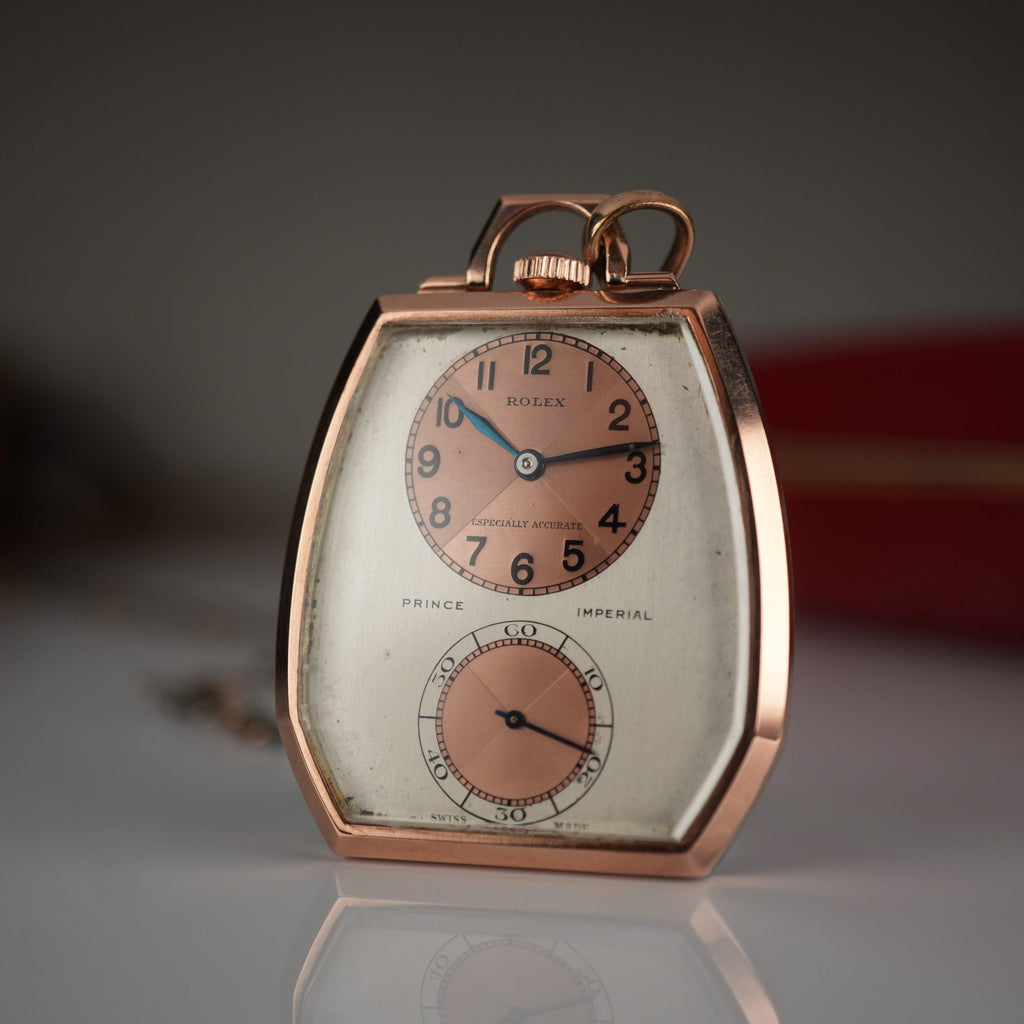1938 Rolex 1645 Prince Imperial Doctor’s Rose Gold and Steel Pendant Watch Three Tone Dial “Especially Accurate” with Box and Chain