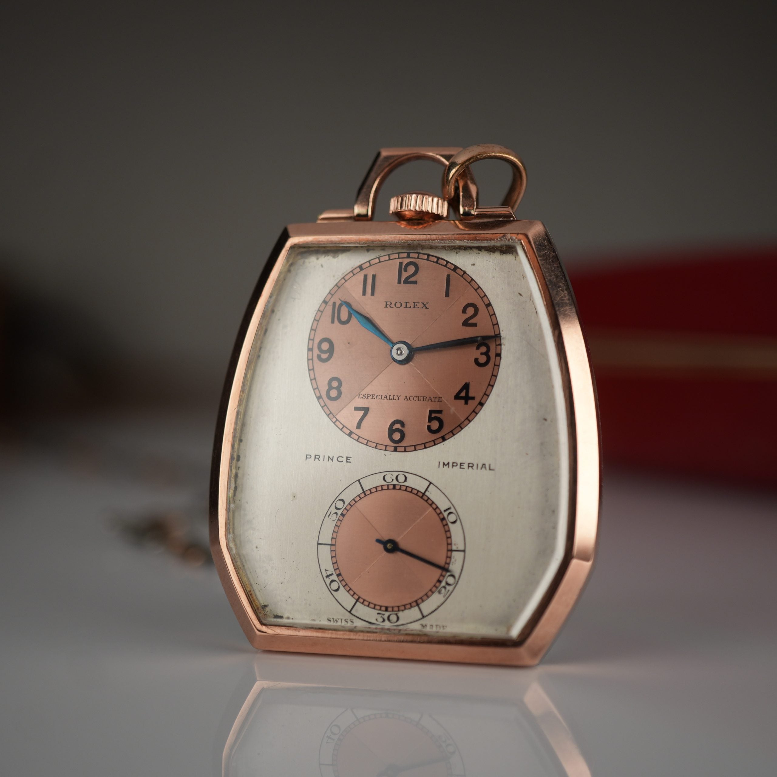 1938 Rolex 1645 Prince Imperial Doctor’s Rose Gold and Steel Pendant Watch Three Tone Dial “Especially Accurate” with Box and Chain