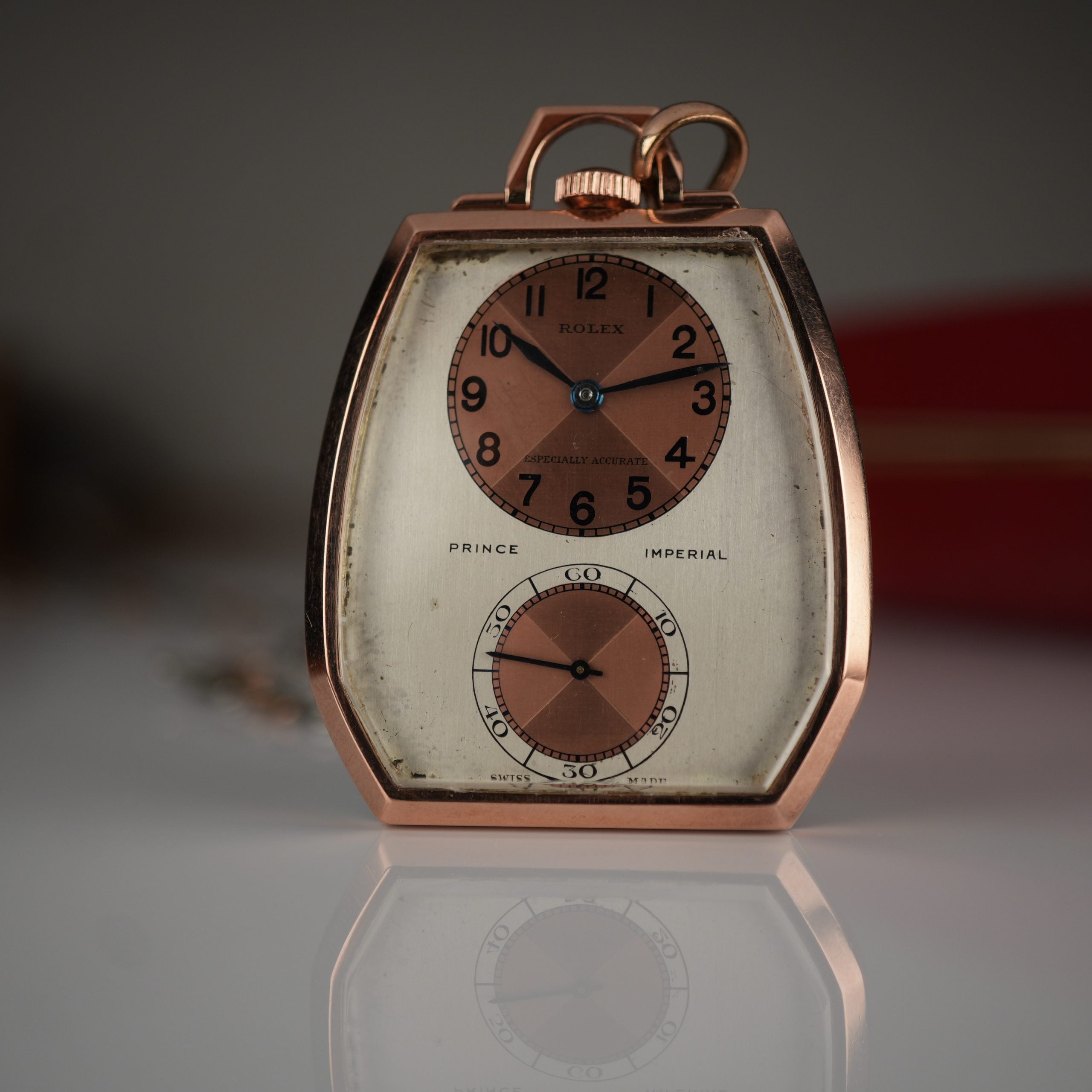 1938 Rolex 1645 Prince Imperial Doctor’s Rose Gold and Steel Pendant Watch Three Tone Dial “Especially Accurate” with Box and Chain