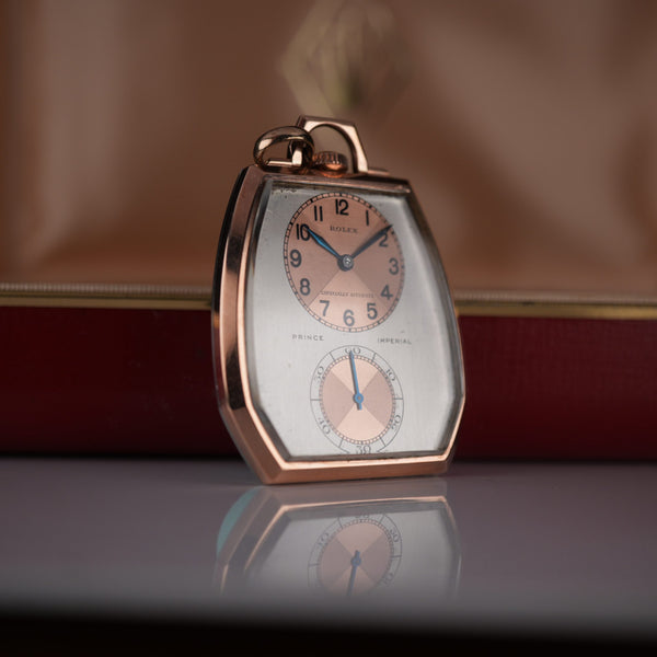 1938 Rolex 1645 Prince Imperial Doctor’s Rose Gold and Steel Pendant Watch Three Tone Dial “Especially Accurate” with Box and Chain