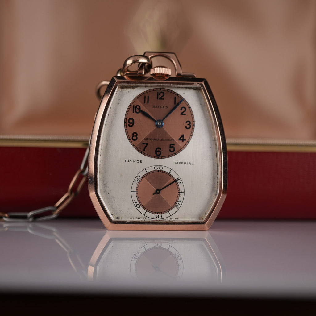 1938 Rolex 1645 Prince Imperial Doctor’s Rose Gold and Steel Pendant Watch Three Tone Dial “Especially Accurate” with Box and Chain