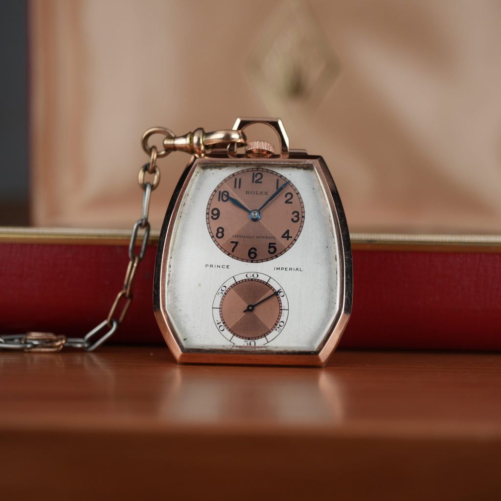 1938 Rolex 1645 Prince Imperial Doctor’s Rose Gold and Steel Pendant Watch Three Tone Dial “Especially Accurate” with Box and Chain