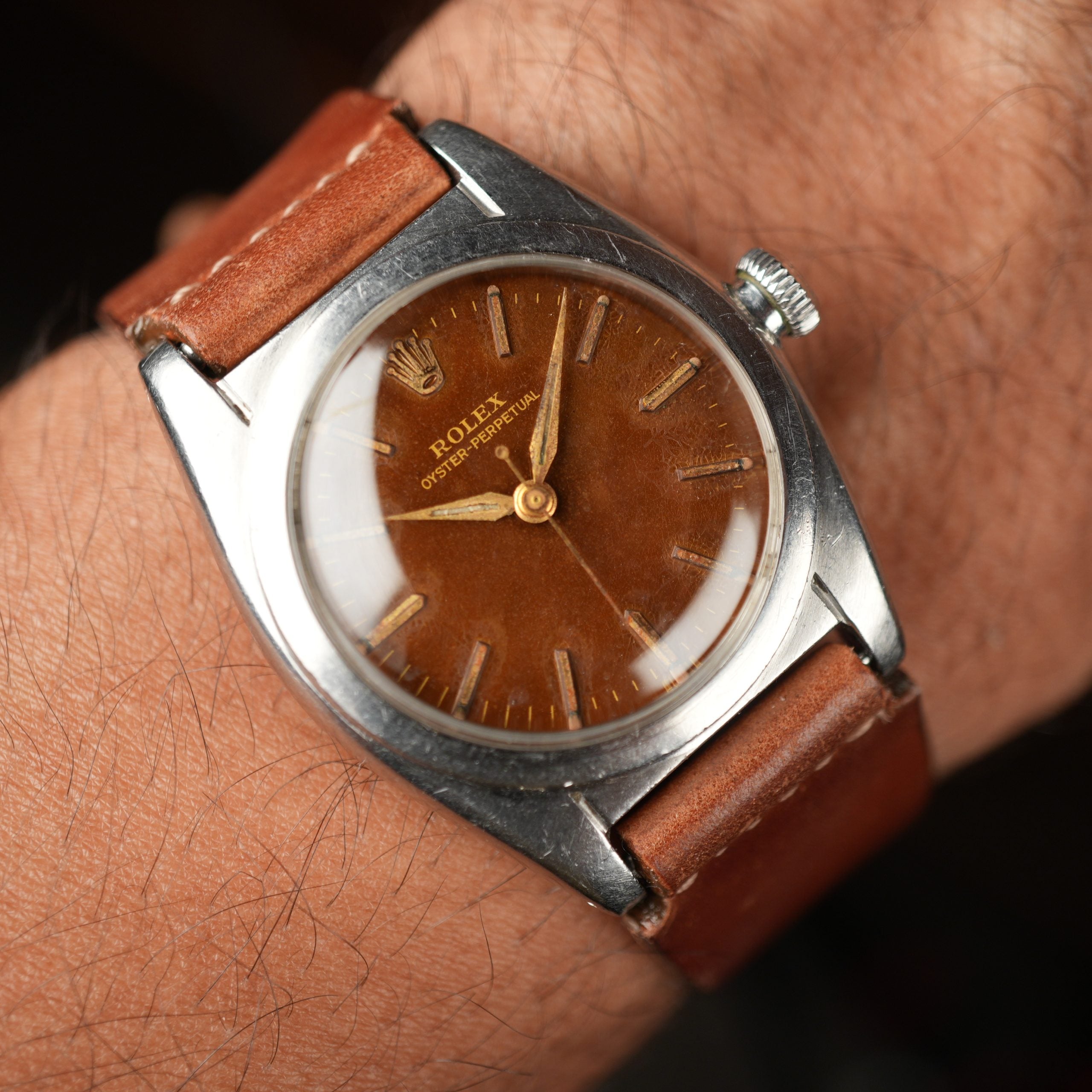 1941 Rolex Oyster Perpetual 2940 Bubbleback Full Tropical Brown Caramel Gilt Dial