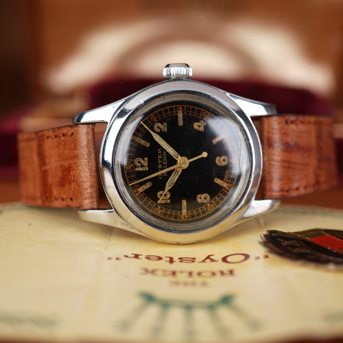 1942 Rolex 3136 Oyster Black Gilt Dial Full Set Box and Papers
