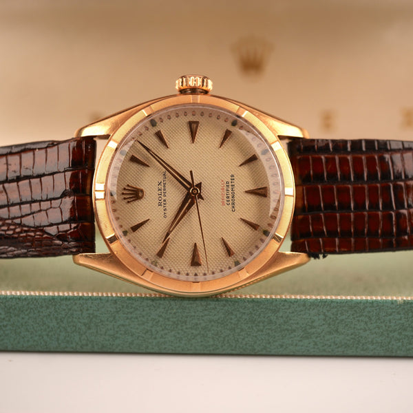 1951 Rolex Oyster Perpetual 6085 Rose Gold Red Officially Honeycomb Dial Unpolished