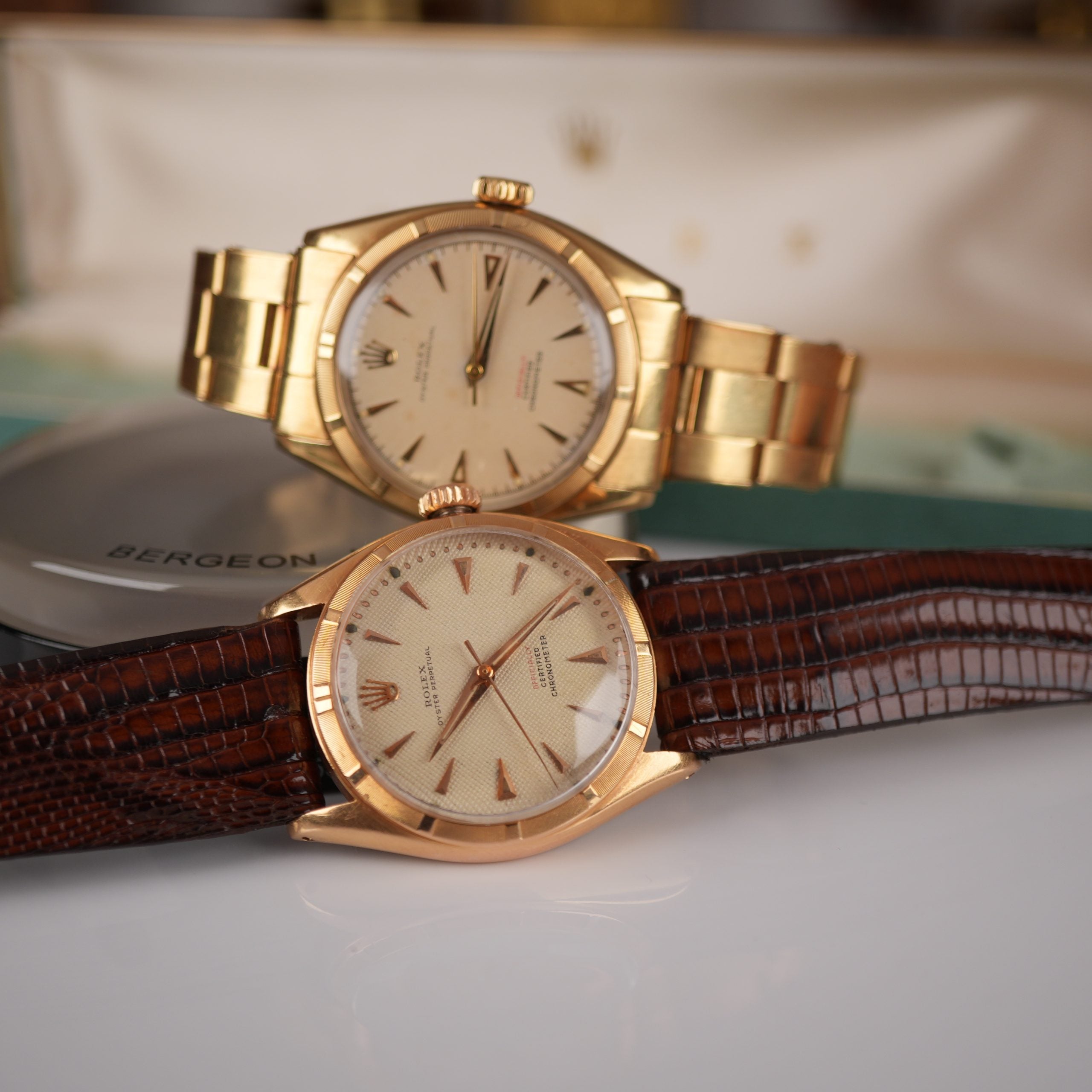 1951 Rolex Oyster Perpetual 6085 Rose Gold Red Officially Honeycomb Dial Unpolished