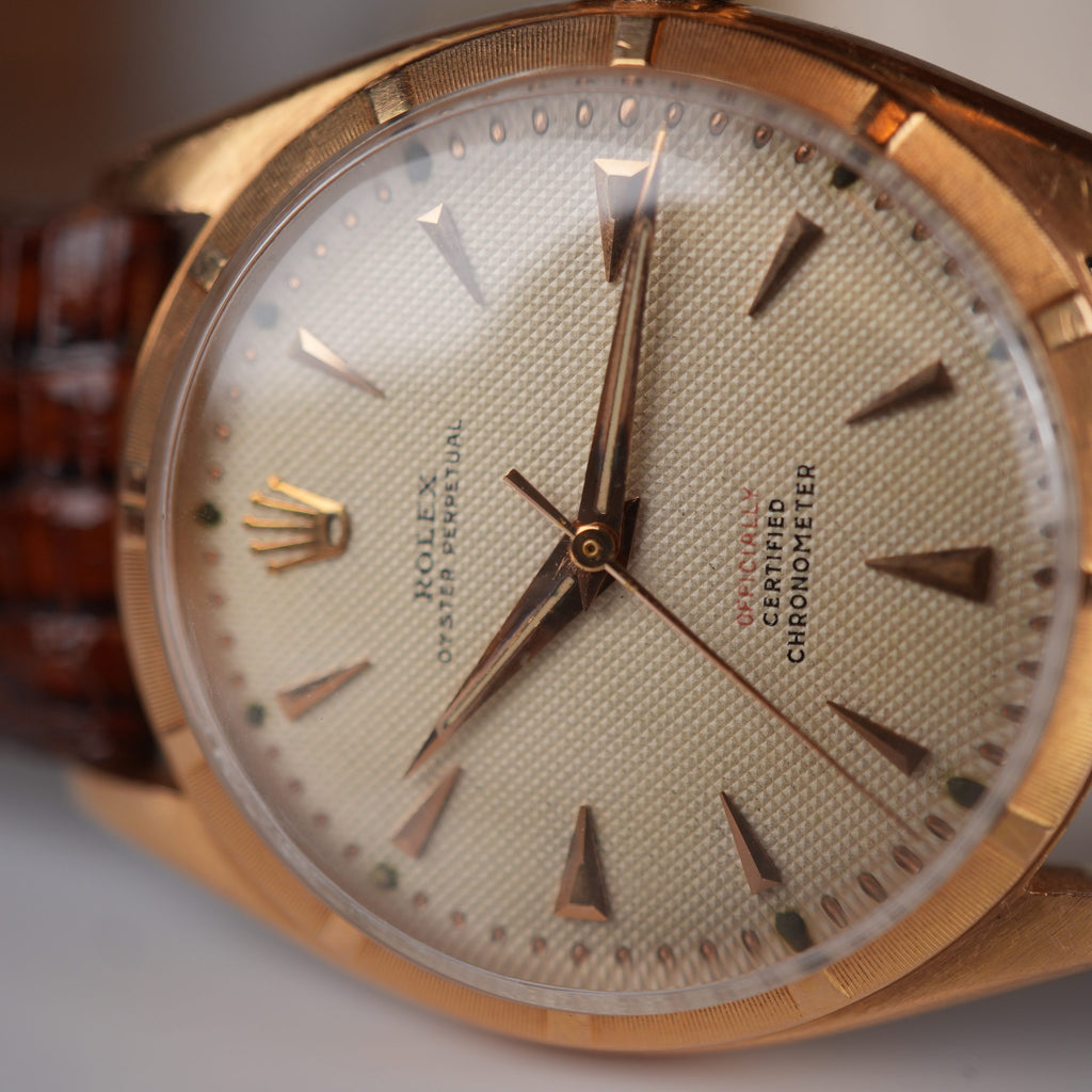 1951 Rolex Oyster Perpetual 6085 Rose Gold Red Officially Honeycomb Dial Unpolished