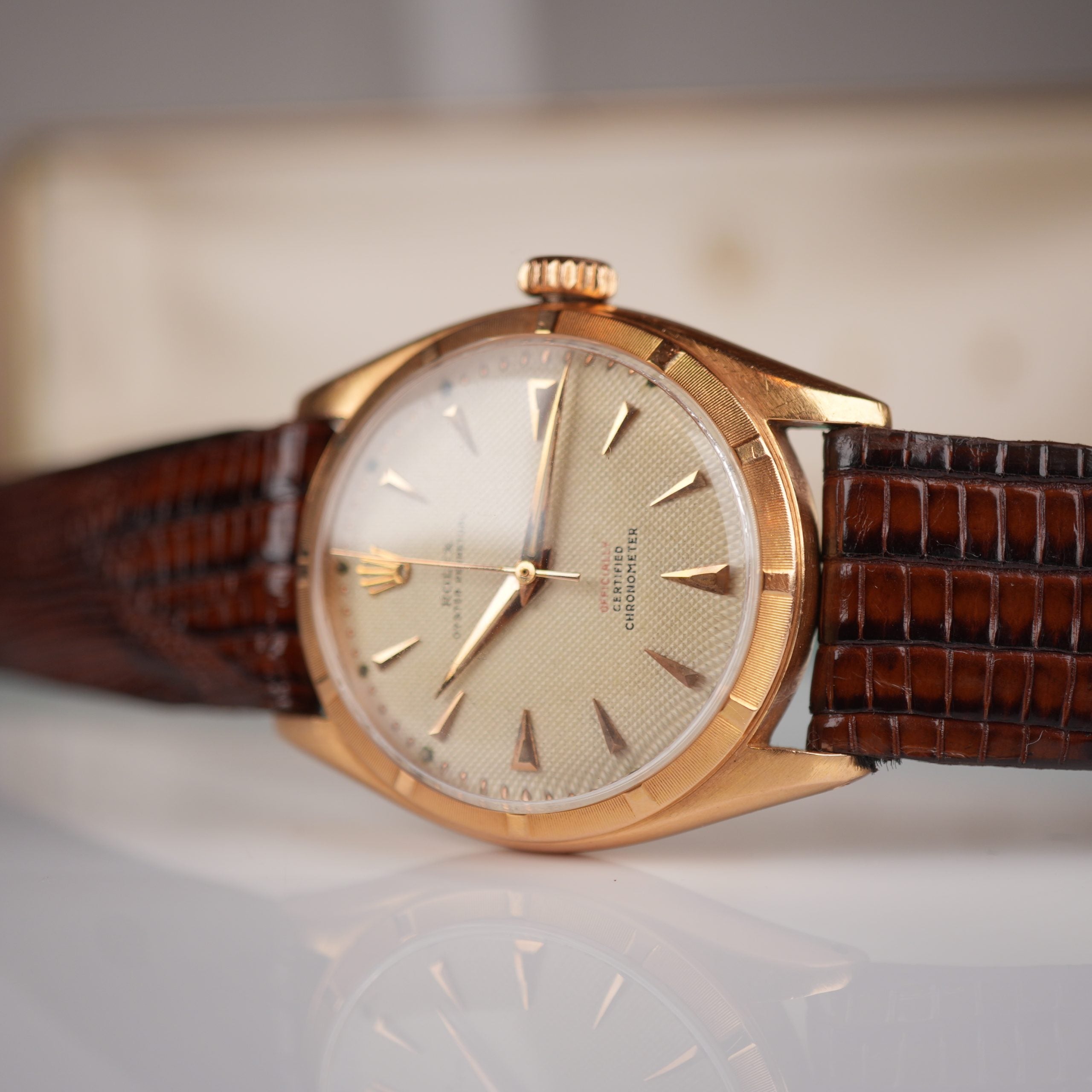 1951 Rolex Oyster Perpetual 6085 Rose Gold Red Officially Honeycomb Dial Unpolished