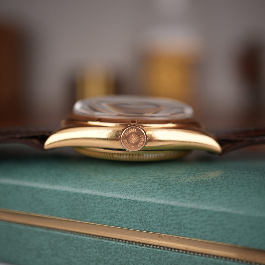 1951 Rolex Oyster Perpetual 6085 Rose Gold Red Officially Honeycomb Dial Unpolished