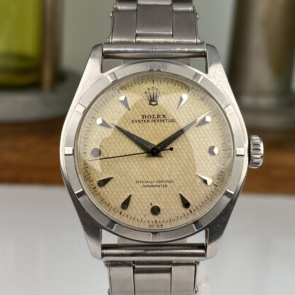 1952 Vintage Rolex Oyster Perpetual 6107 Big Bubble back Waffle teardrop Rare Dial