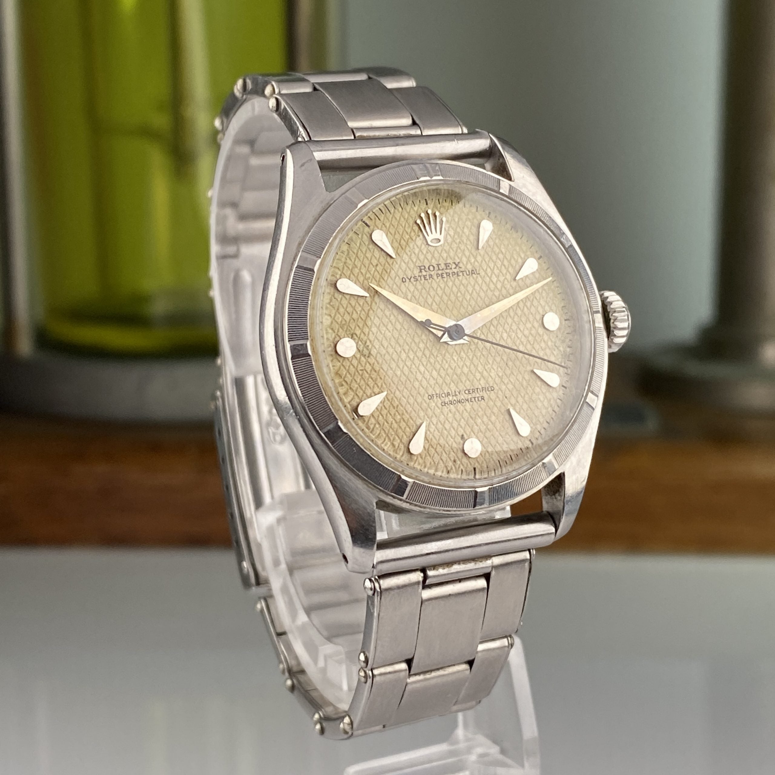 1952 Vintage Rolex Oyster Perpetual 6107 Big Bubble back Waffle teardrop Rare Dial
