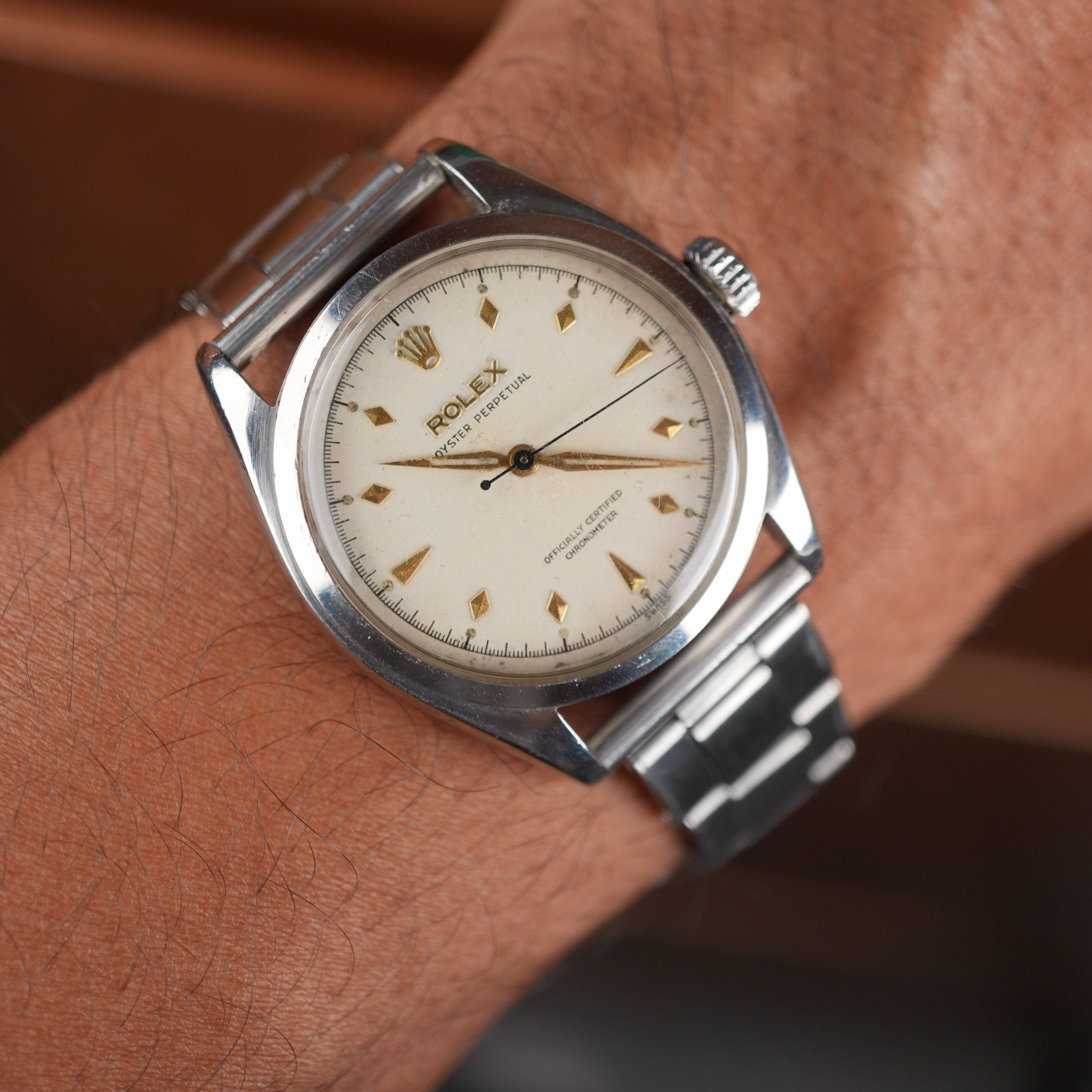 1953 Rolex Oyster Perpetual 6084 Very Early Production with Rare Diamond Shaped Marker Radium Factory Dial