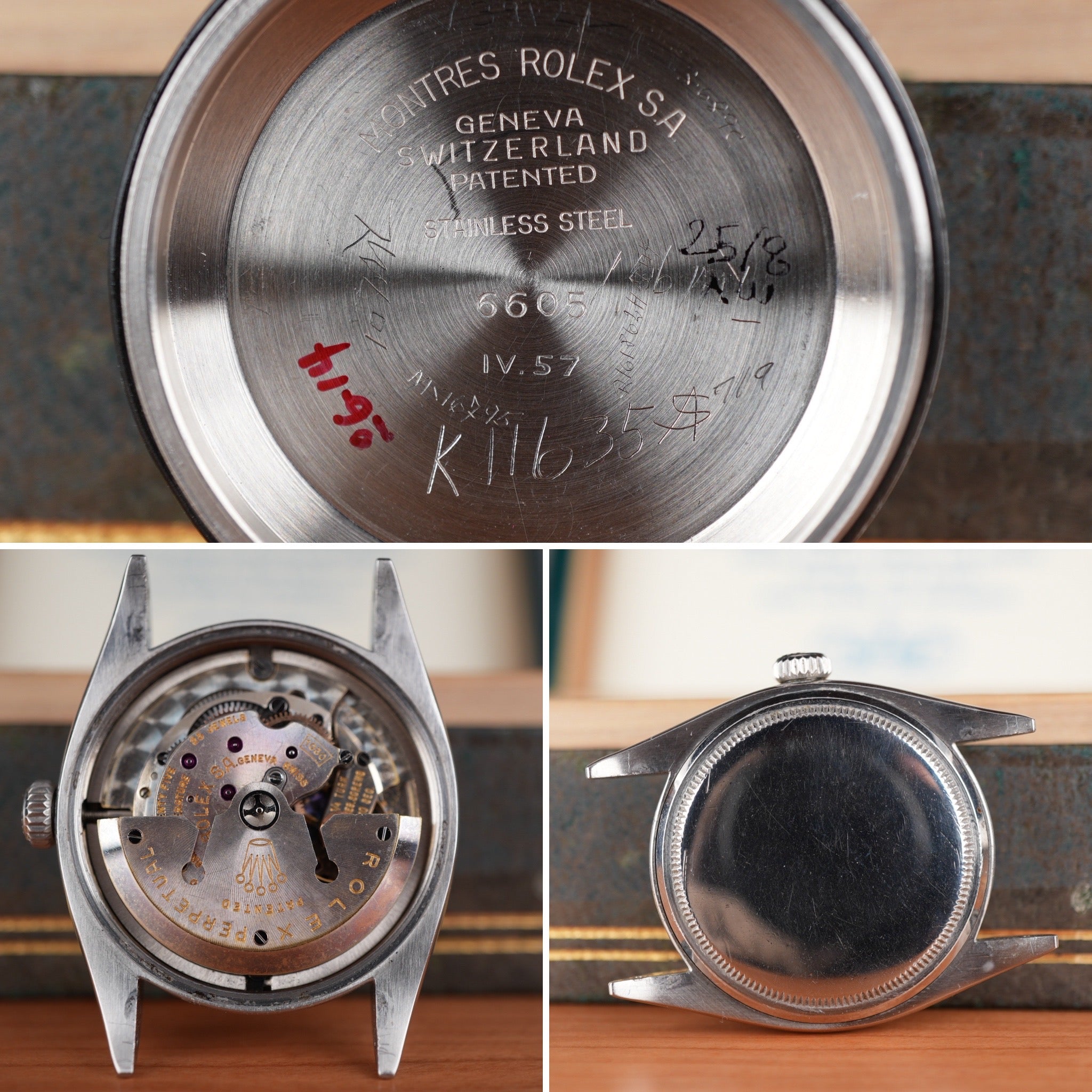 1957 Rolex Datejust 6605 Stainless Steel Pie Pan Dial with Roulette Date Wheel Full Set with Rare Box & Papers