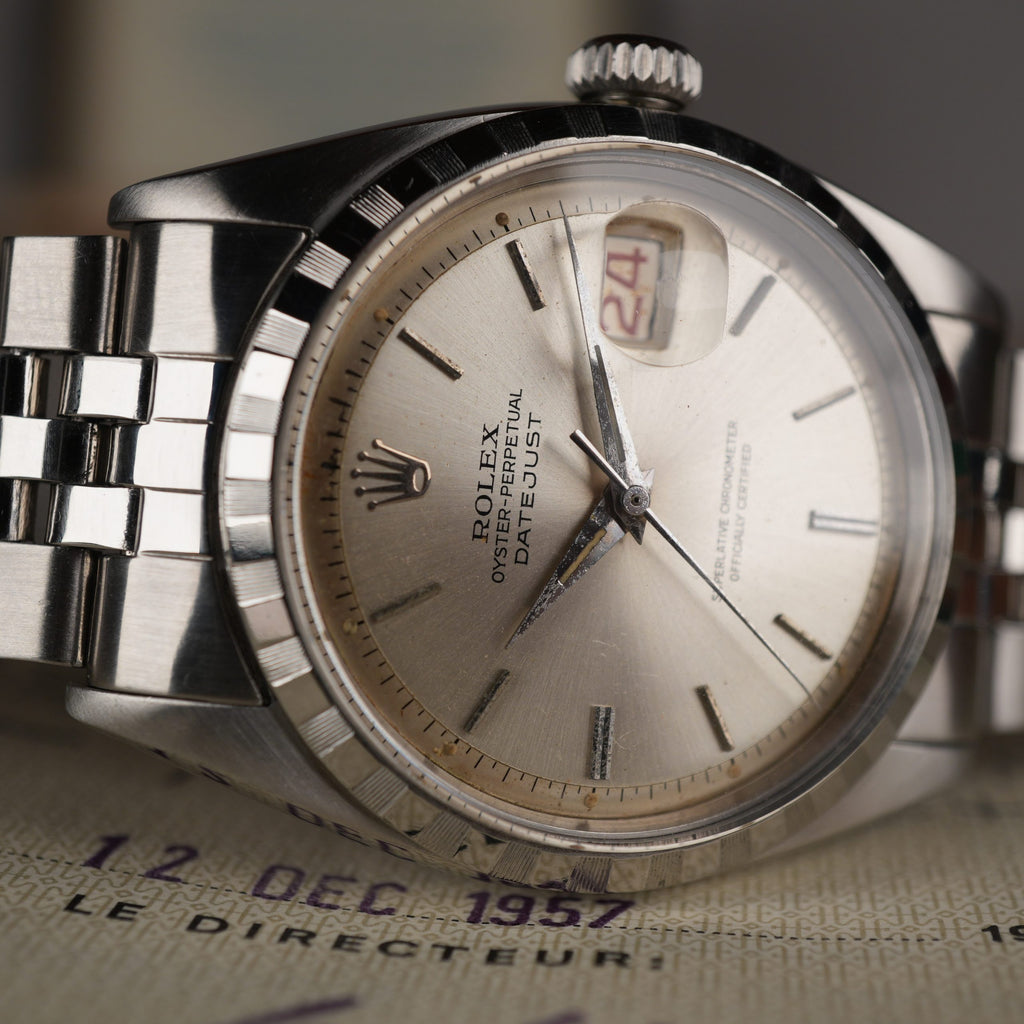 1957 Rolex Datejust 6605 Stainless Steel Pie Pan Dial with Roulette Date Wheel Full Set with Rare Box & Papers