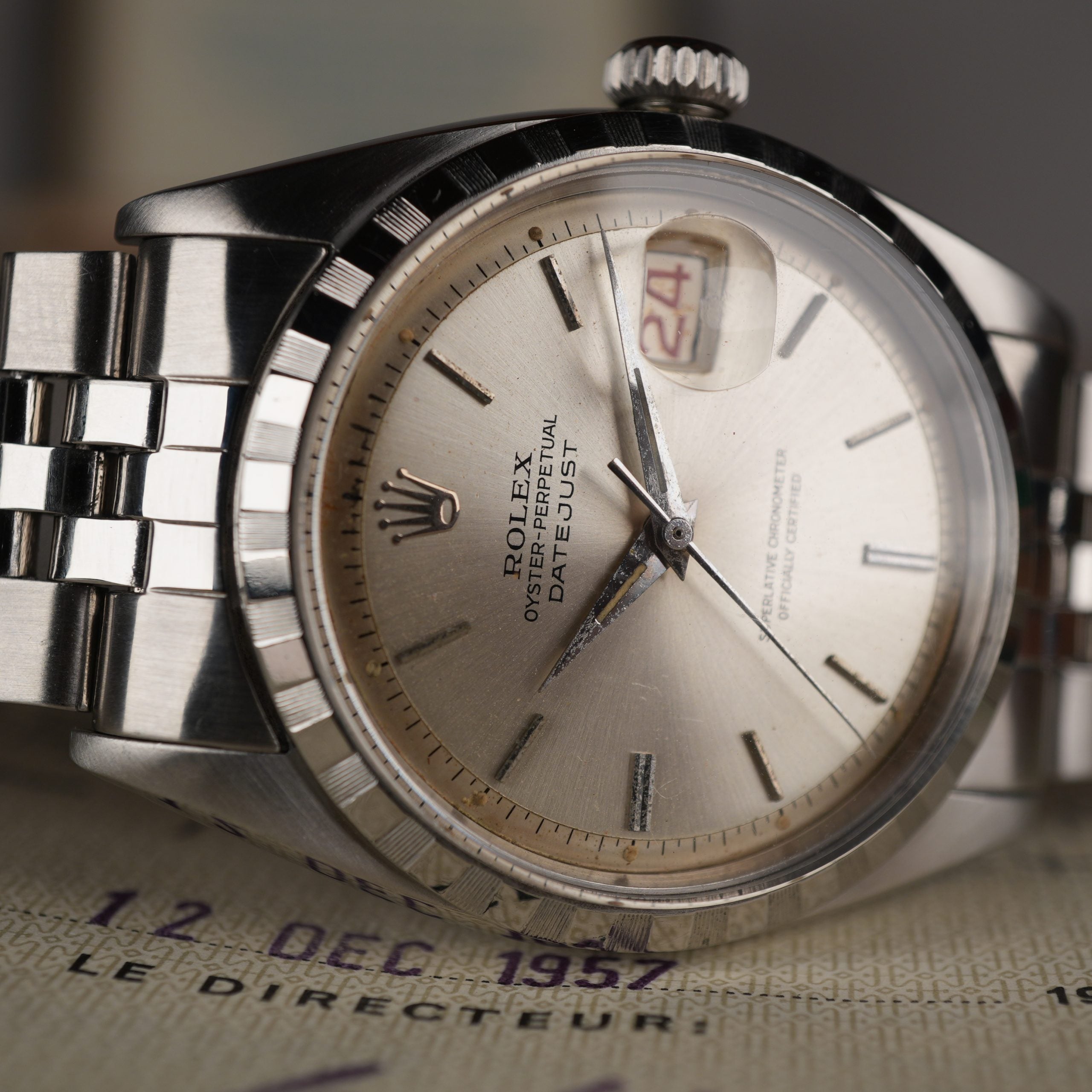 1957 Rolex Datejust 6605 Stainless Steel Pie Pan Dial with Roulette Date Wheel Full Set with Rare Box & Papers