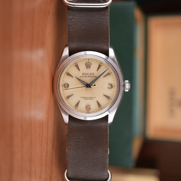 1957 Rolex Oyster Perpetual 6564 Explorer Honeycomb Radium Waffle Dial 34mm with Box