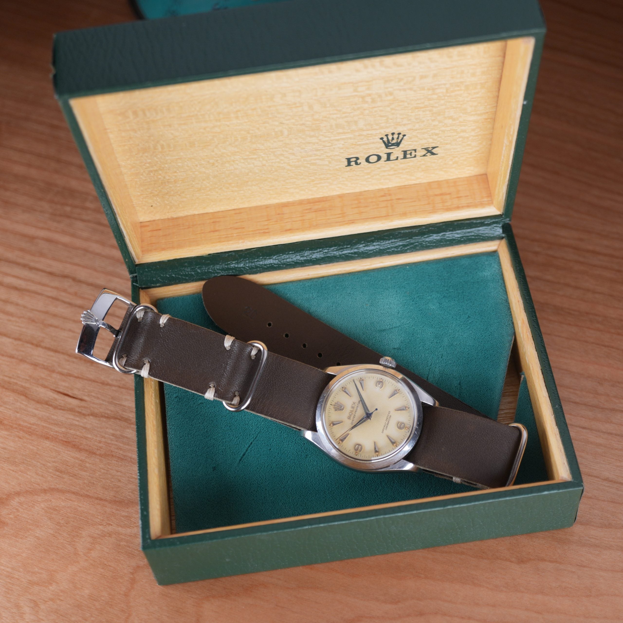 1957 Rolex Oyster Perpetual 6564 Explorer Honeycomb Radium Waffle Dial 34mm with Box