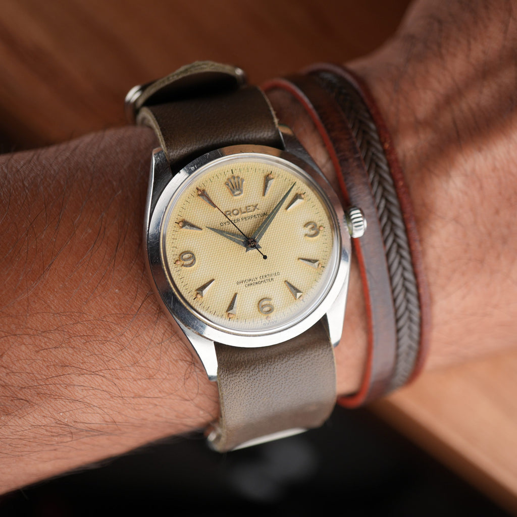 1957 Rolex Oyster Perpetual 6564 Explorer Honeycomb Radium Waffle Dial 34mm with Box
