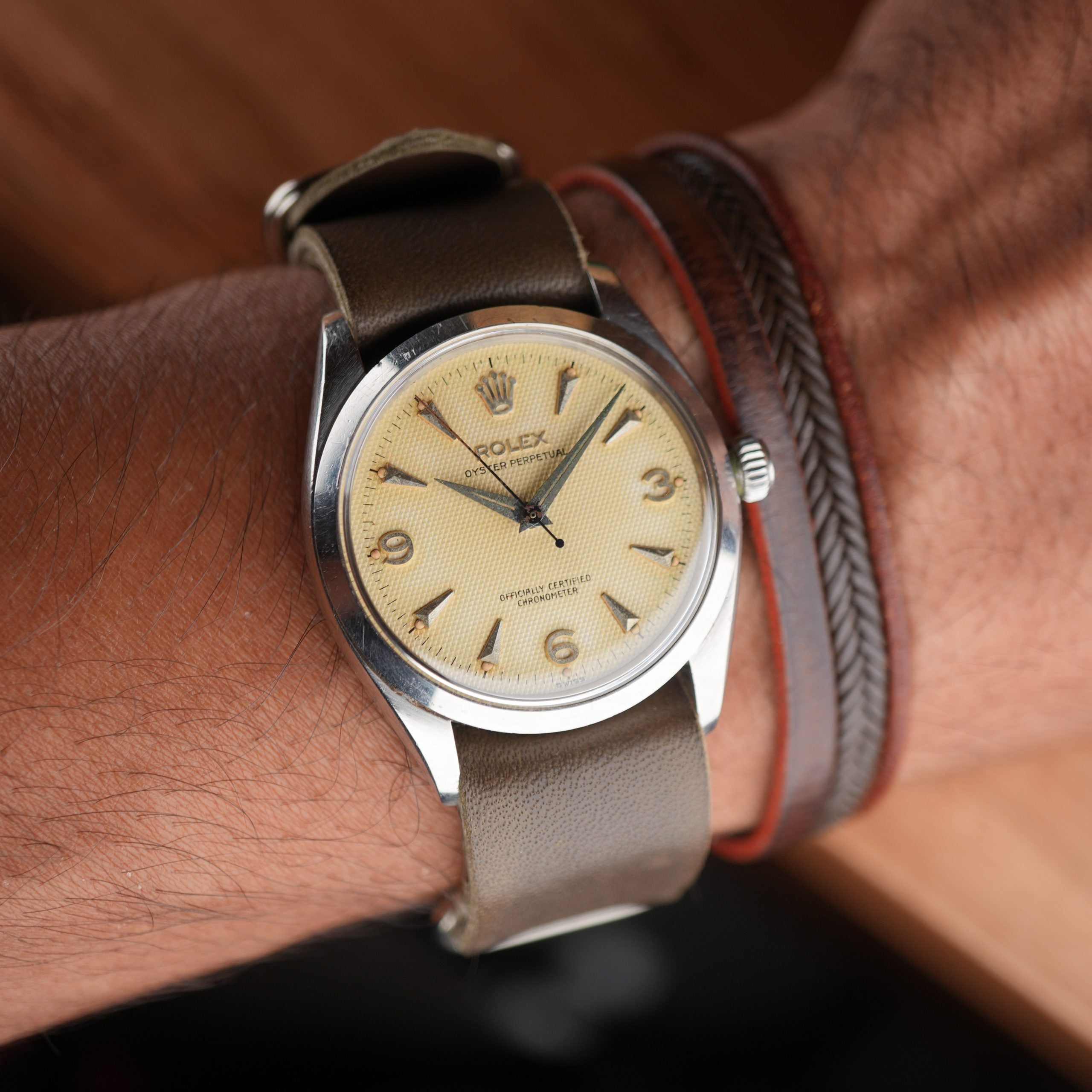 1957 Rolex Oyster Perpetual 6564 Explorer Honeycomb Radium Waffle Dial 34mm with Box