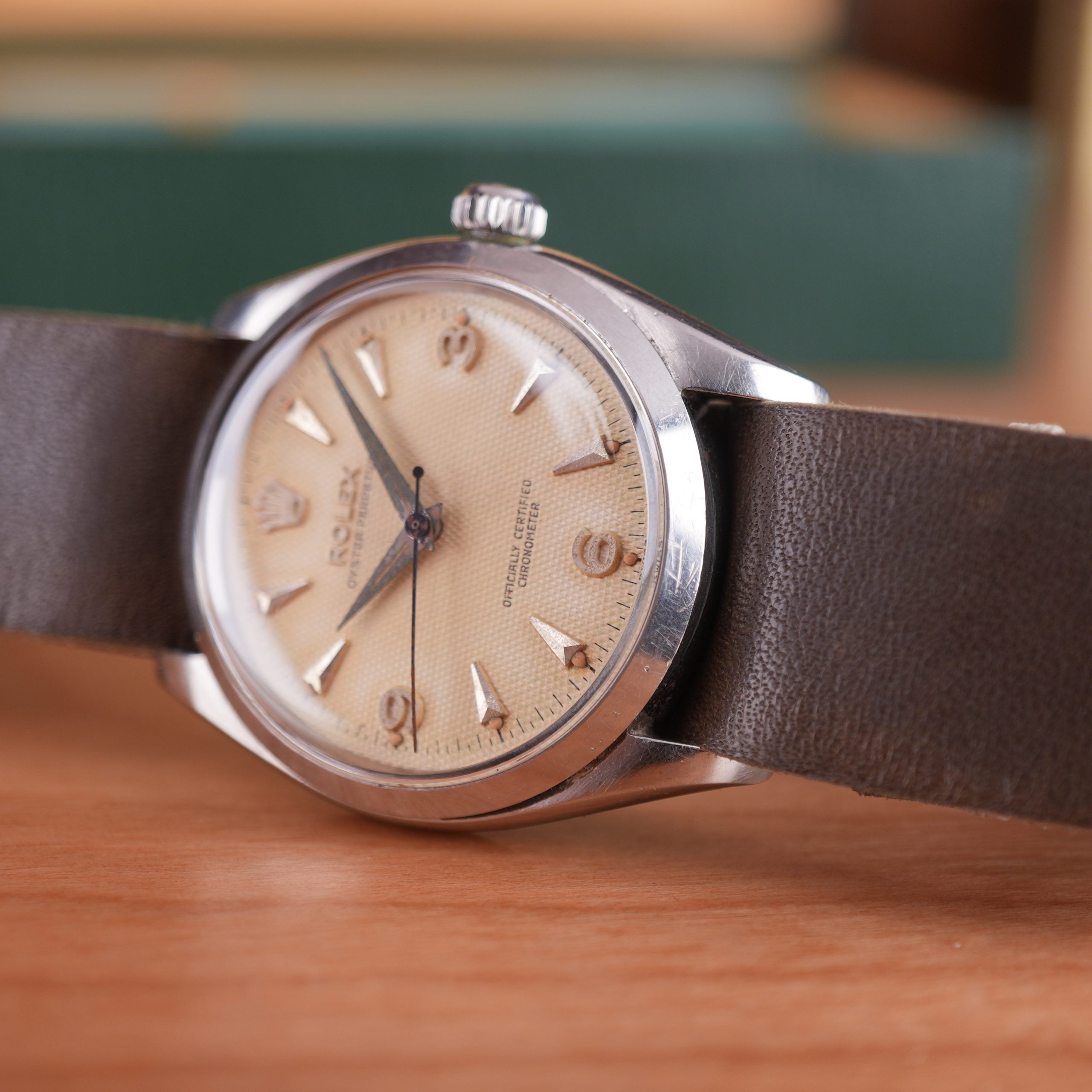 1957 Rolex Oyster Perpetual 6564 Explorer Honeycomb Radium Waffle Dial 34mm with Box