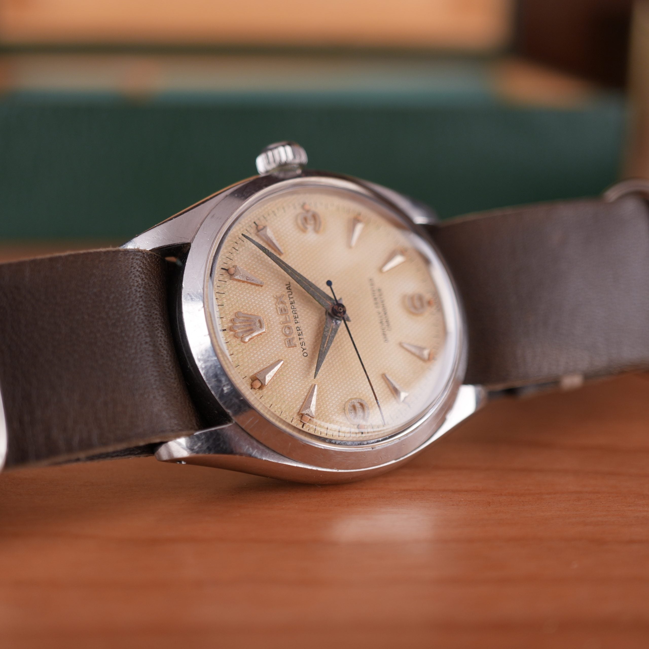 1957 Rolex Oyster Perpetual 6564 Explorer Honeycomb Radium Waffle Dial 34mm with Box