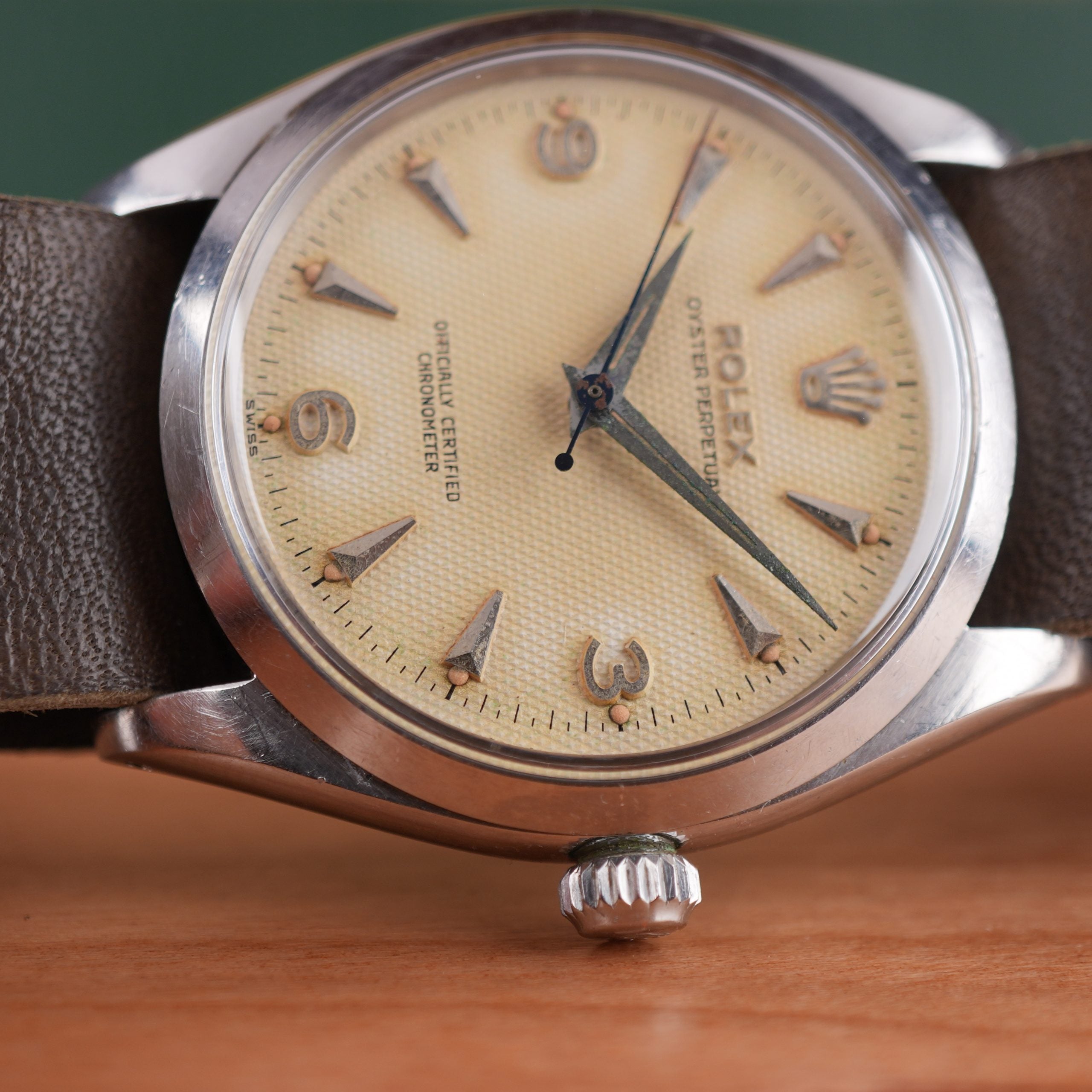 1957 Rolex Oyster Perpetual 6564 Explorer Honeycomb Radium Waffle Dial 34mm with Box