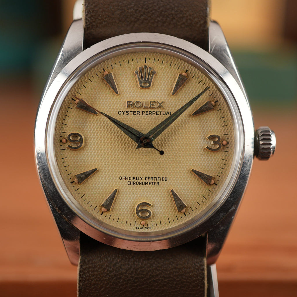 1957 Rolex Oyster Perpetual 6564 Explorer Honeycomb Radium Waffle Dial 34mm with Box