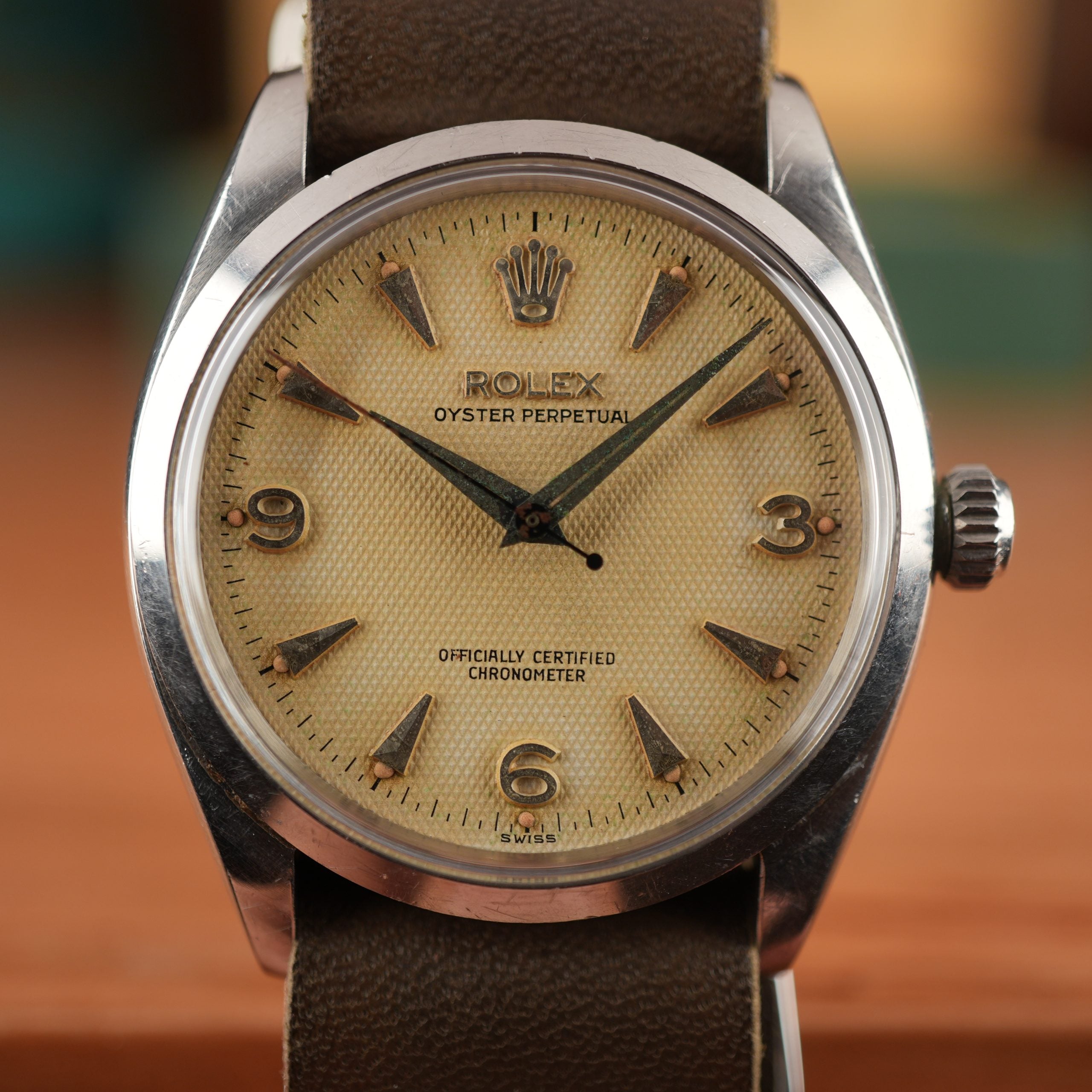 1957 Rolex Oyster Perpetual 6564 Explorer Honeycomb Radium Waffle Dial 34mm with Box