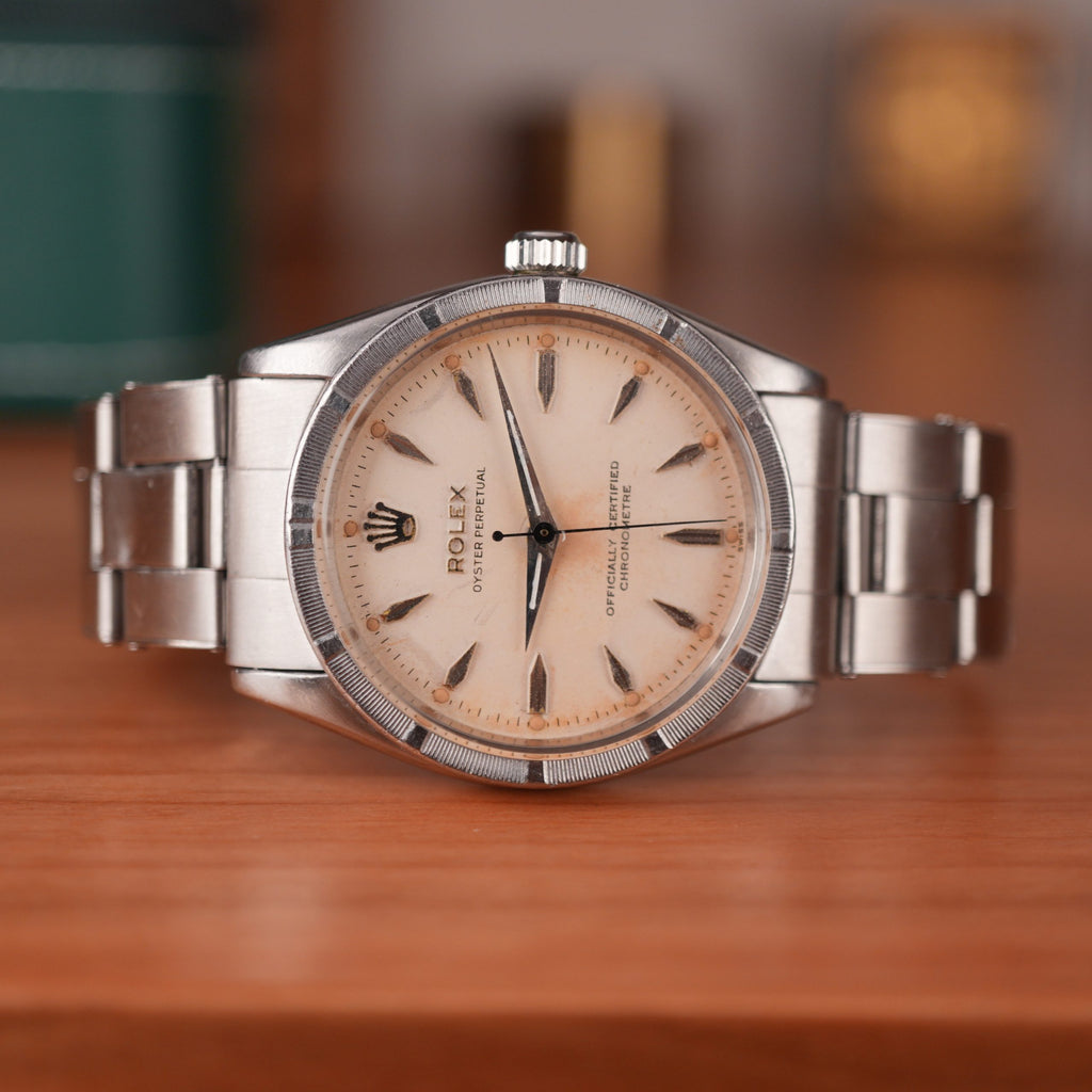 1957 Rolex Oyster Perpetual 6569 Rare Rhodium Dial Turned Bezel Original Bracelet