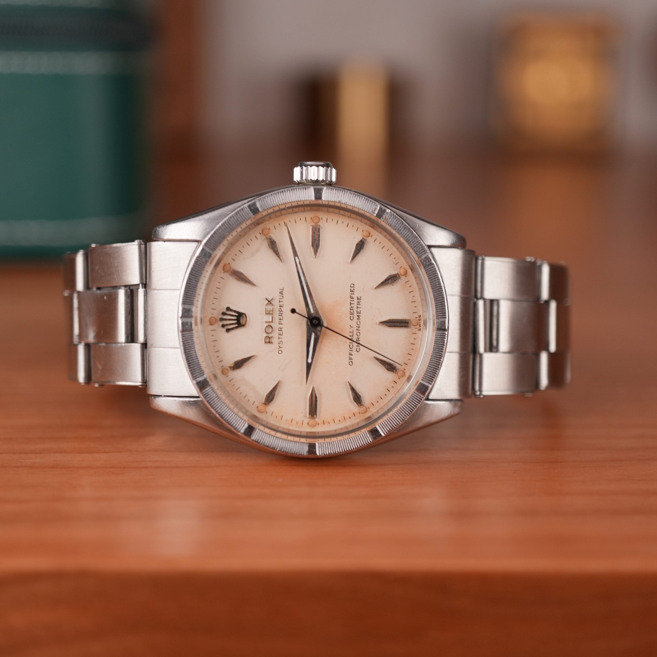1957 Rolex Oyster Perpetual 6569 Rare Rhodium Dial Turned Bezel Original Bracelet