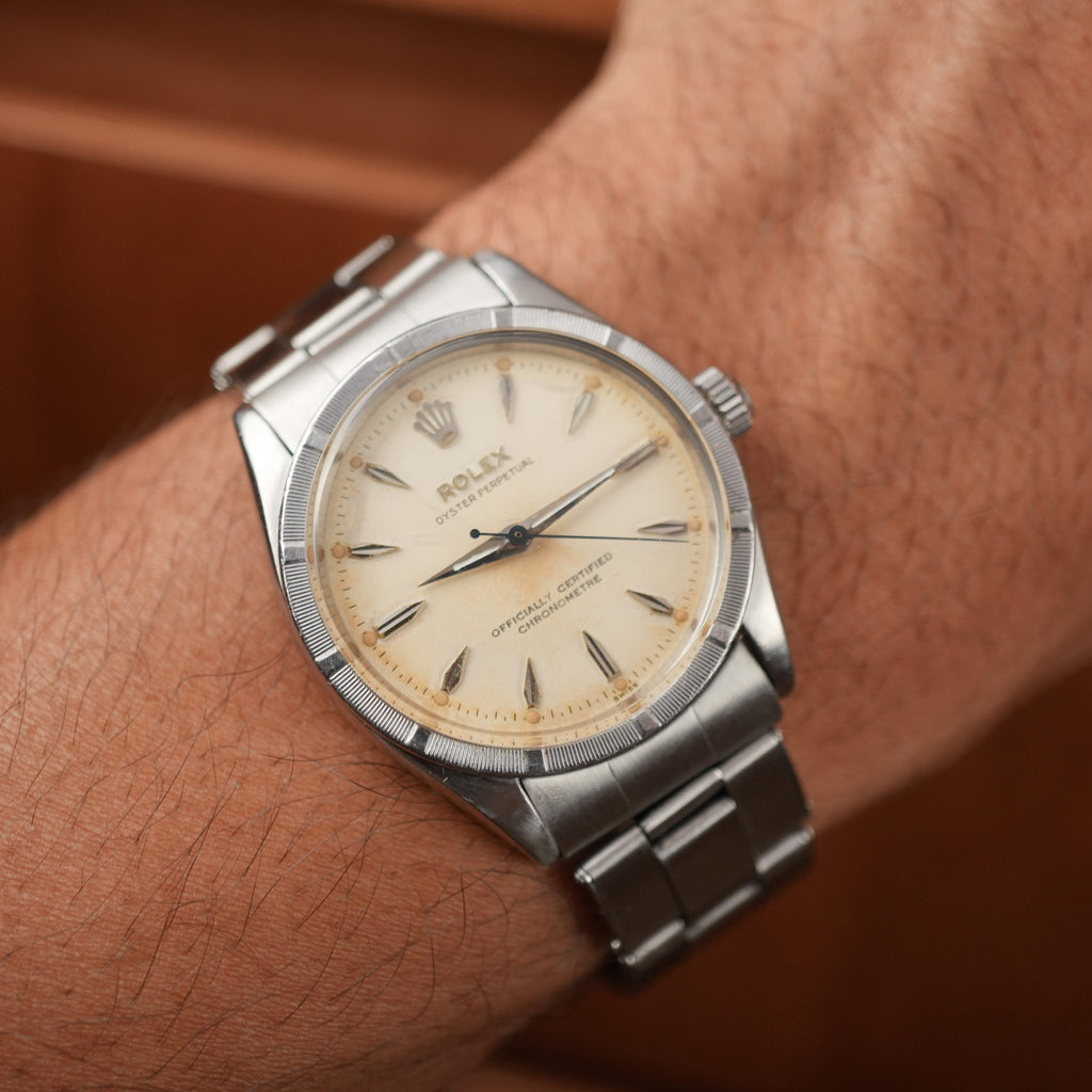 1957 Rolex Oyster Perpetual 6569 Rare Rhodium Dial Turned Bezel Original Bracelet