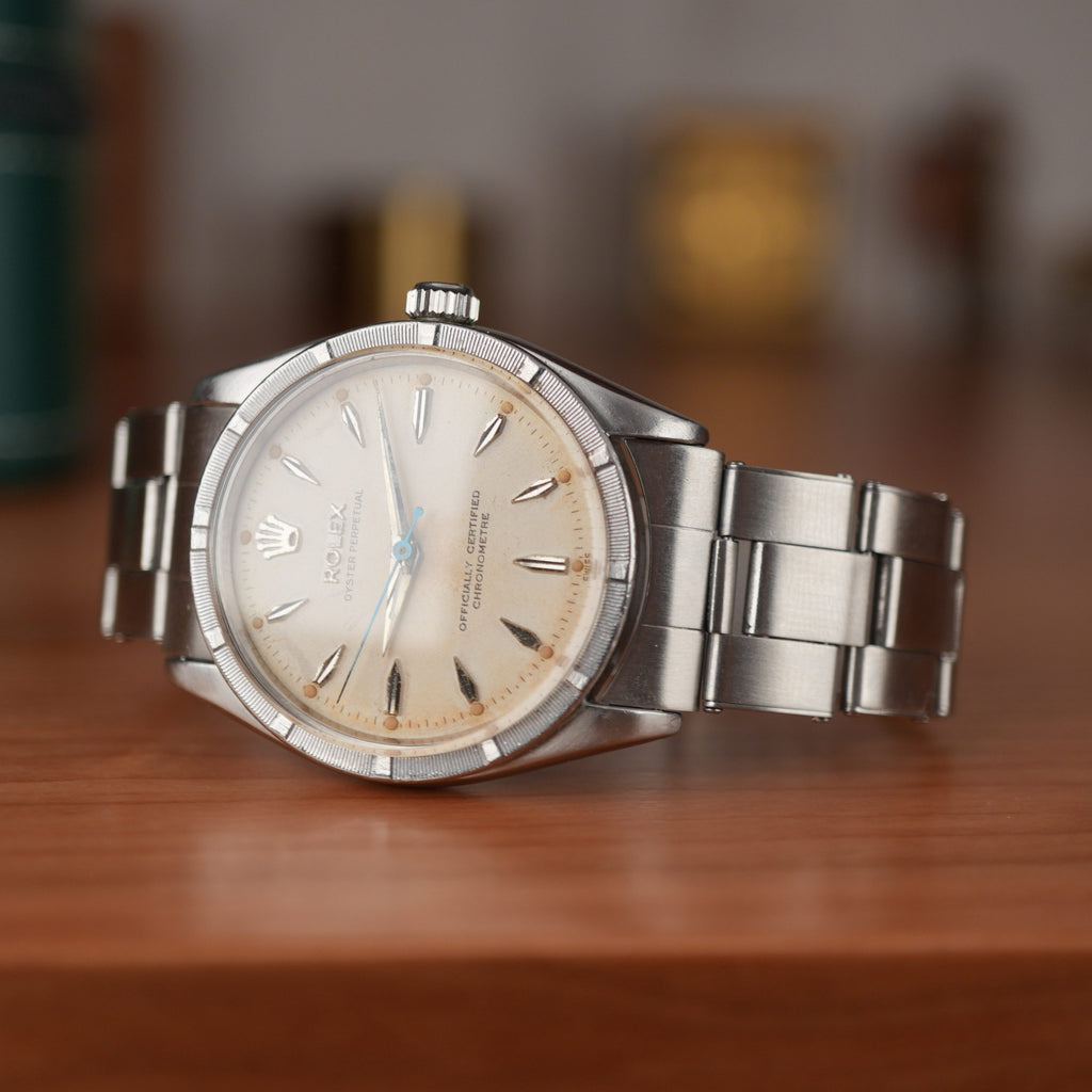 1957 Rolex Oyster Perpetual 6569 Rare Rhodium Dial Turned Bezel Original Bracelet