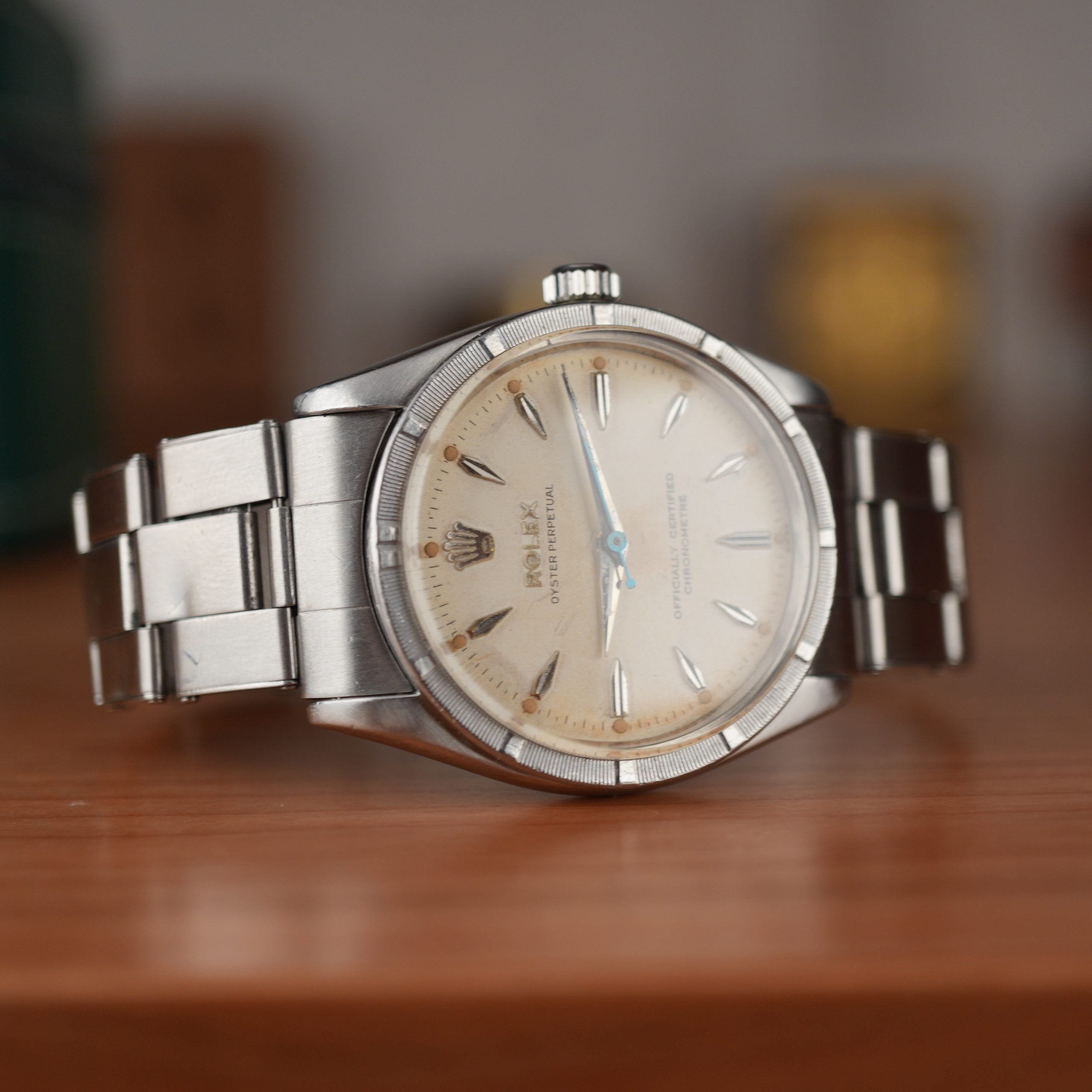 1957 Rolex Oyster Perpetual 6569 Rare Rhodium Dial Turned Bezel Original Bracelet