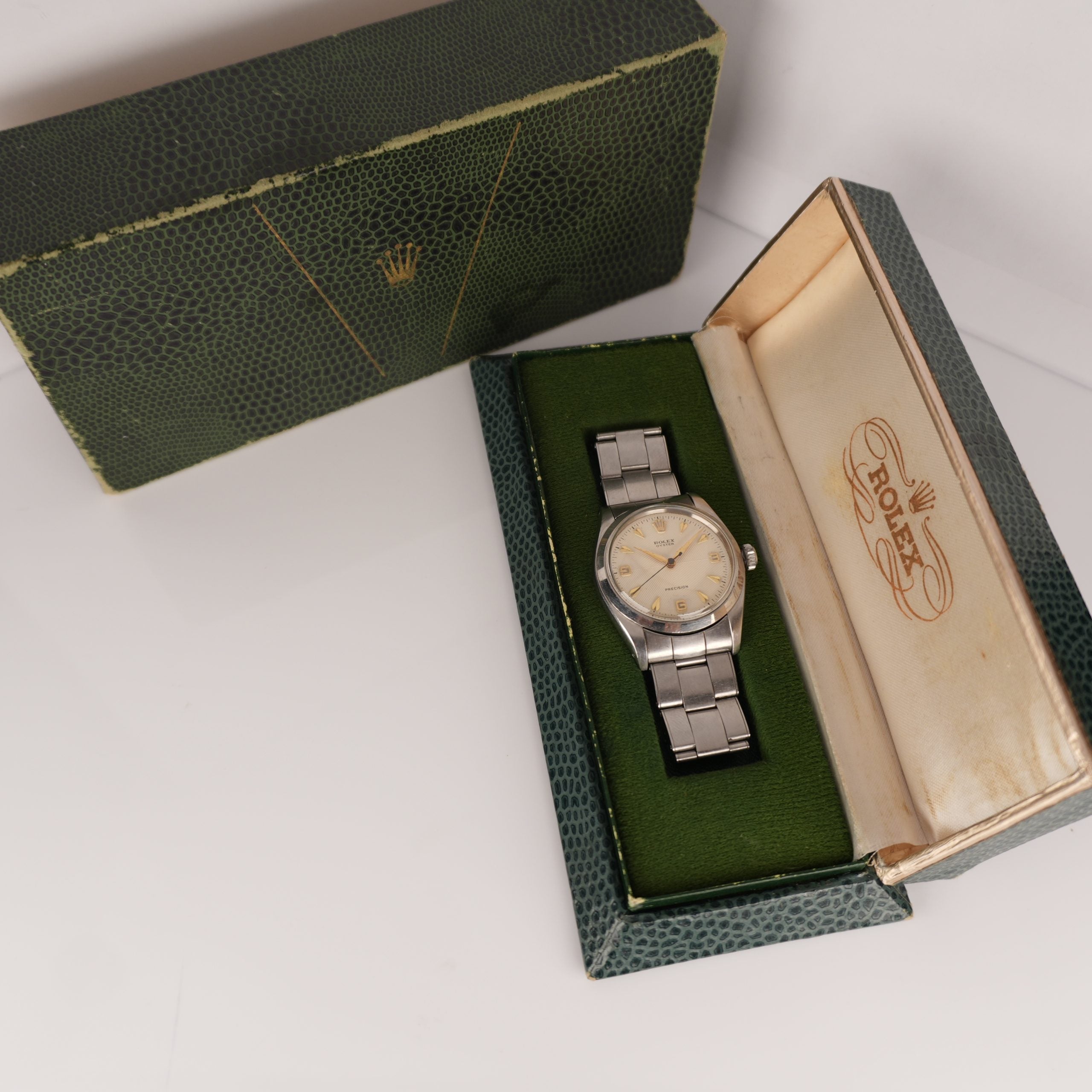 1957 Rolex Oyster Precision Ref. 6422 With Rare Explorer Chevron Dial, Original Bracelet and Box
