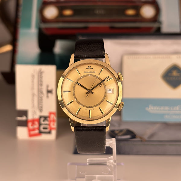 1968 Rare Jaeger LeCoulre 855 Automatic Memovox Alarm Jumbo 18k Solid Gold with Box and papers