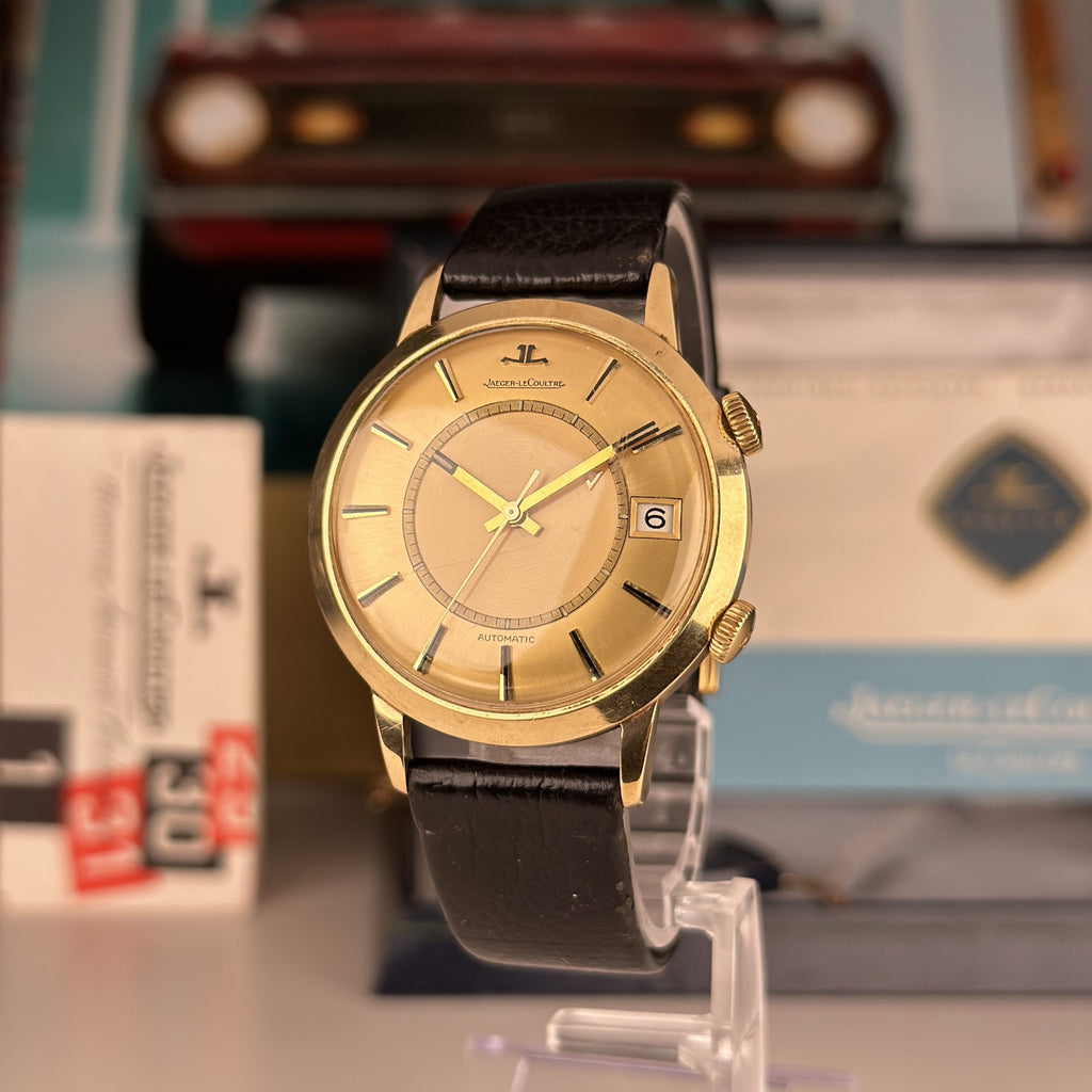 1968 Rare Jaeger LeCoulre 855 Automatic Memovox Alarm Jumbo 18k Solid Gold with Box and papers