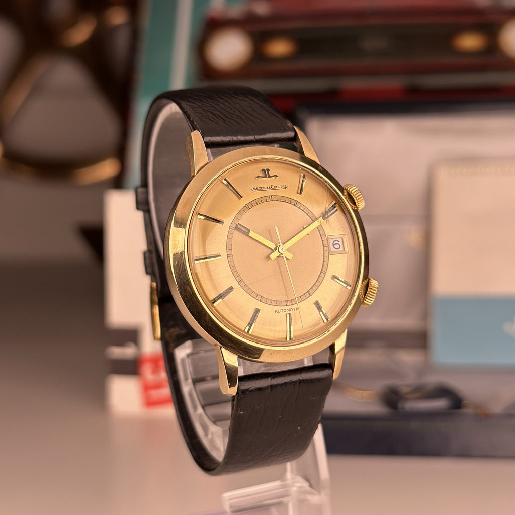 1968 Rare Jaeger LeCoulre 855 Automatic Memovox Alarm Jumbo 18k Solid Gold with Box and papers
