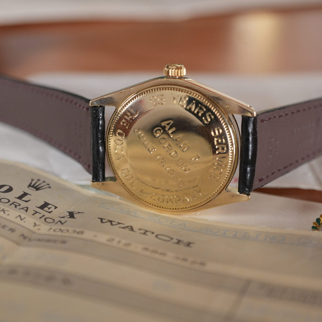 1968 Rolex 1002 Coca Cola 14K Gold Award Watch Full Set Double Punched Papers