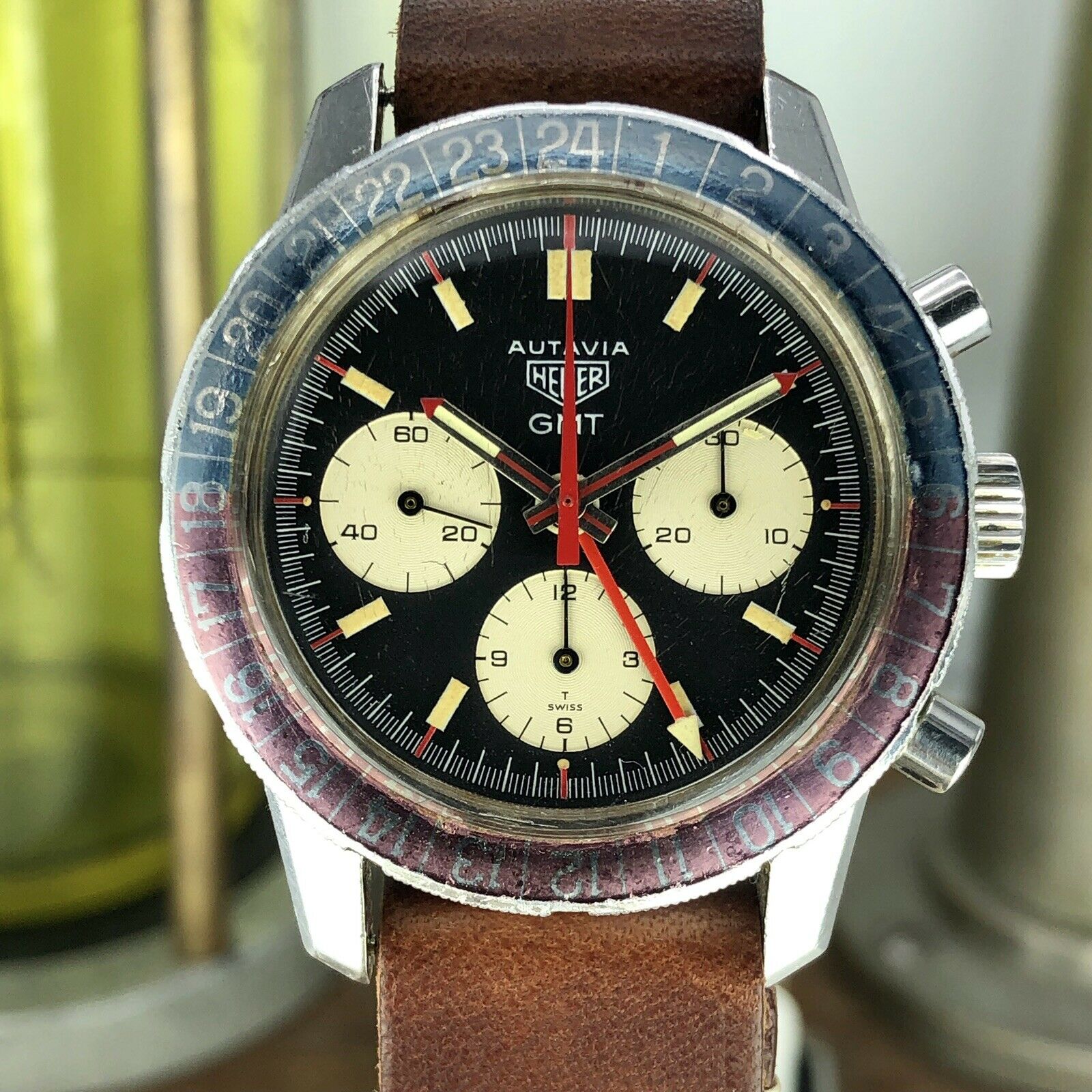 1968 Vintage Heuer Autavia 2446C GMT Chronograph Heavy Patina Incredible Example